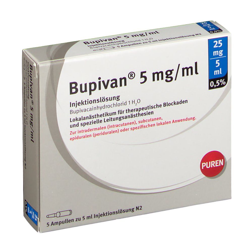Verpackung von Bupivan 5 mg/ml Injektionslösung. Enthält 5 Ampullen. Aufdruck: 25 mg/5 ml, 0,5%. PUREN-Logo.