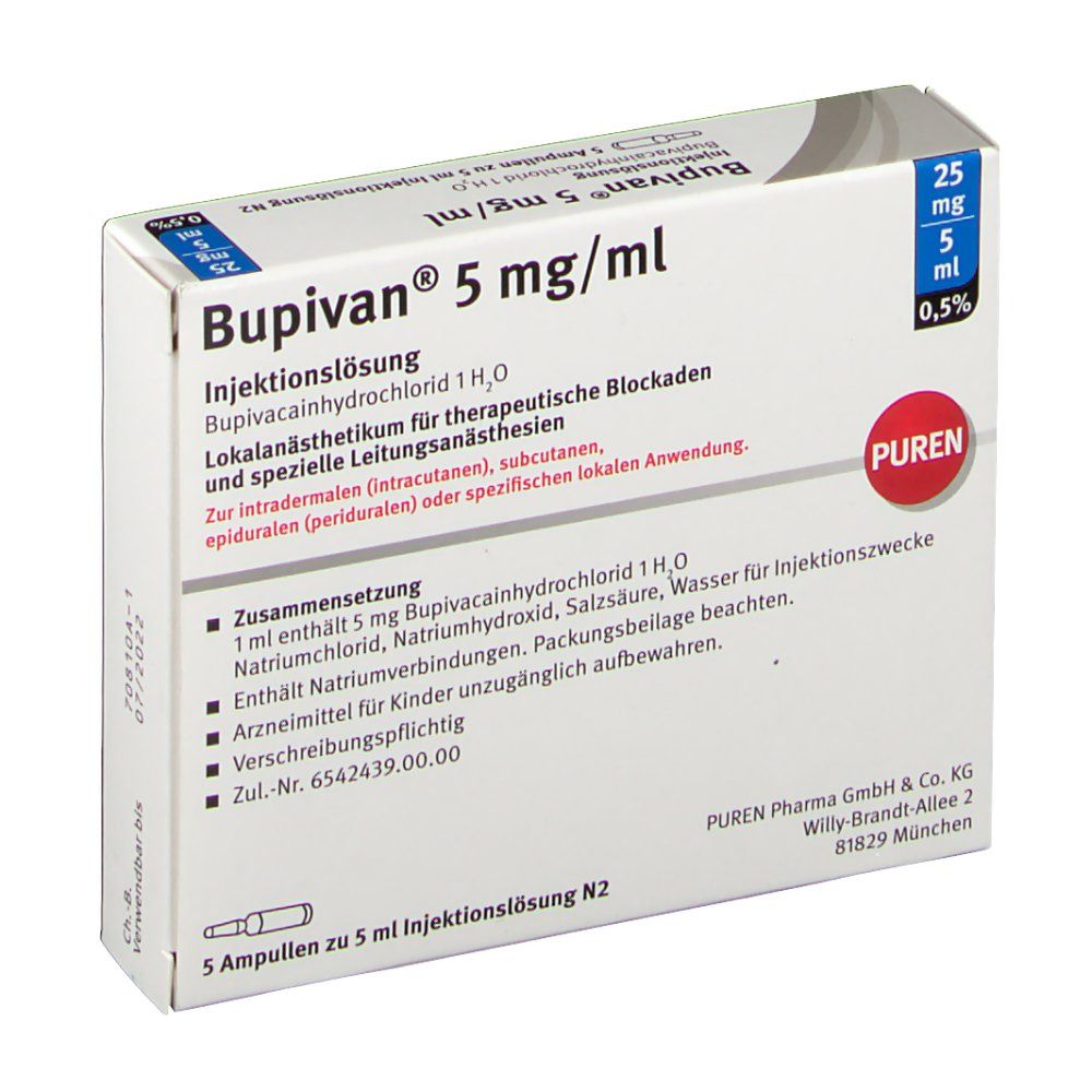 Verpackung von Bupivan 5 mg/ml Injektionslösung. Enthält 5 Ampullen. Aufdruck: 25 mg/5 ml, 0,5%. PUREN-Logo. Zusammensetzung.