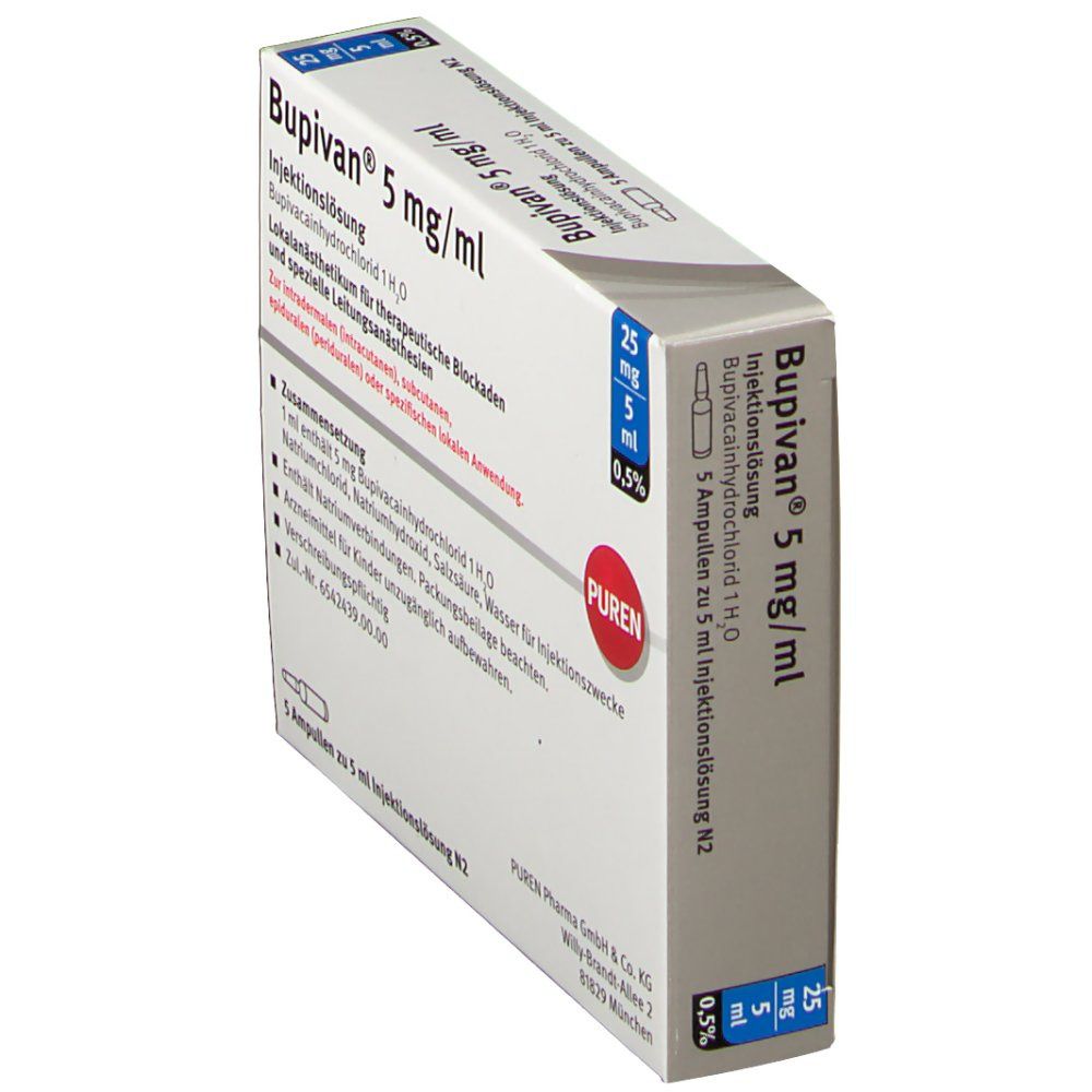 Schräg gestellte Verpackung von Bupivan 5 mg/ml. Aufdruck: 25 mg/5 ml, 0,5%. PUREN-Logo. Zusammensetzung.
