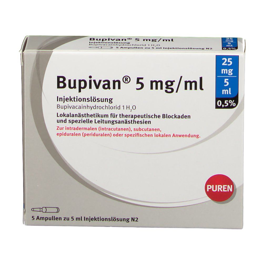 Verpackung von Bupivan 5 mg/ml Injektionslösung. Enthält 5 Ampullen. Aufdruck: 25 mg/5 ml, 0,5%. PUREN-Logo.