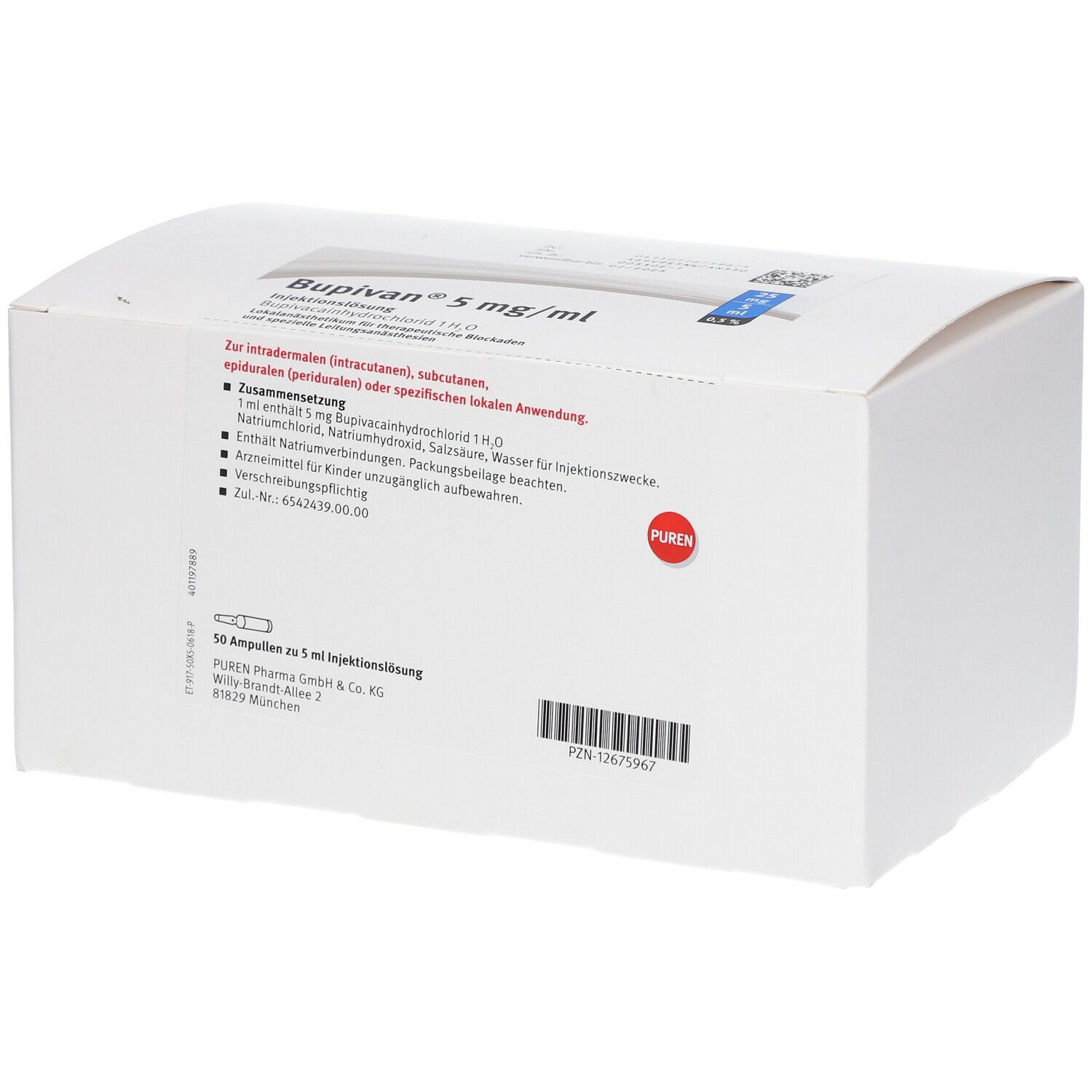 Weiße Kartonverpackung mit Produktinformationen. Aufschrift: Bupivan® 5 mg/ml. Roter PUREN-Kreis. Enthält 50 Ampullen.
