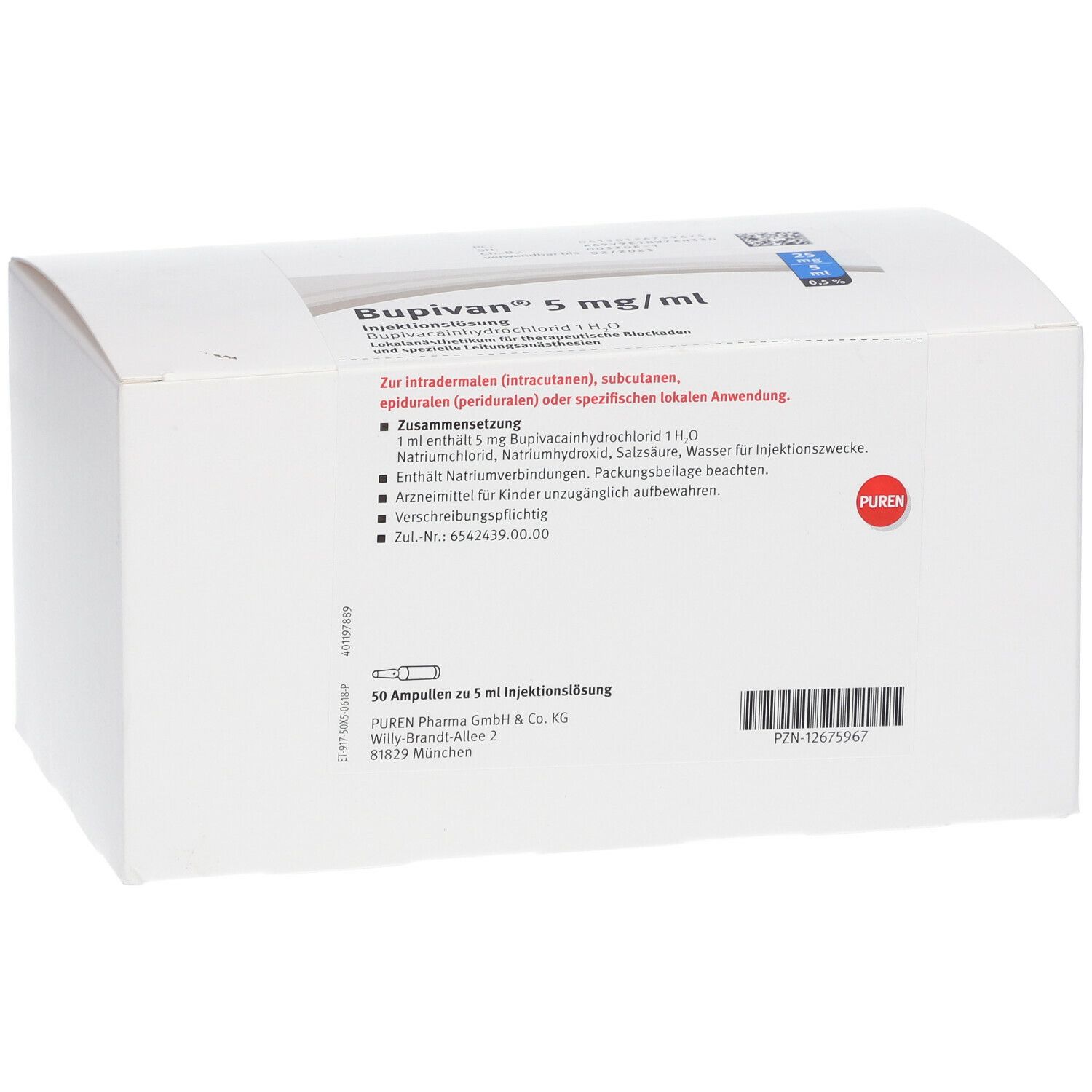 Weiße Kartonverpackung mit Produktinformationen. Aufschrift: Bupivan® 5 mg/ml. Roter PUREN-Kreis. Enthält 50 Ampullen.
