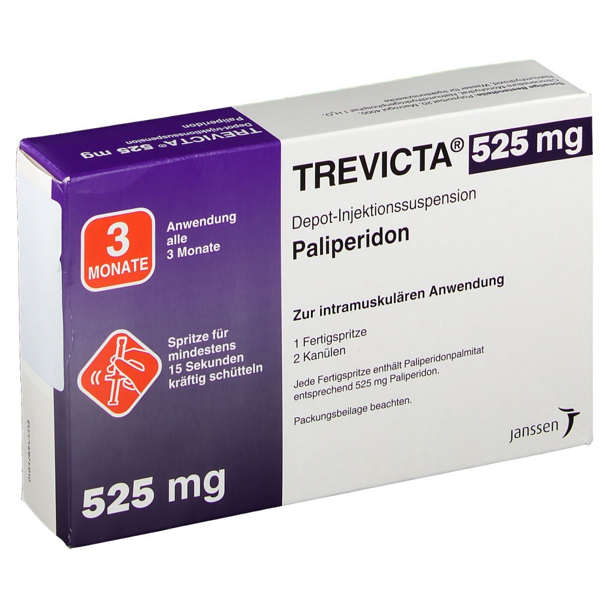 Verpackung von Trevicta 525 mg. Enthält eine Fertigspritze und zwei Kanülen. Aufschrift: Depot-Injektionssuspension Palipderidon.