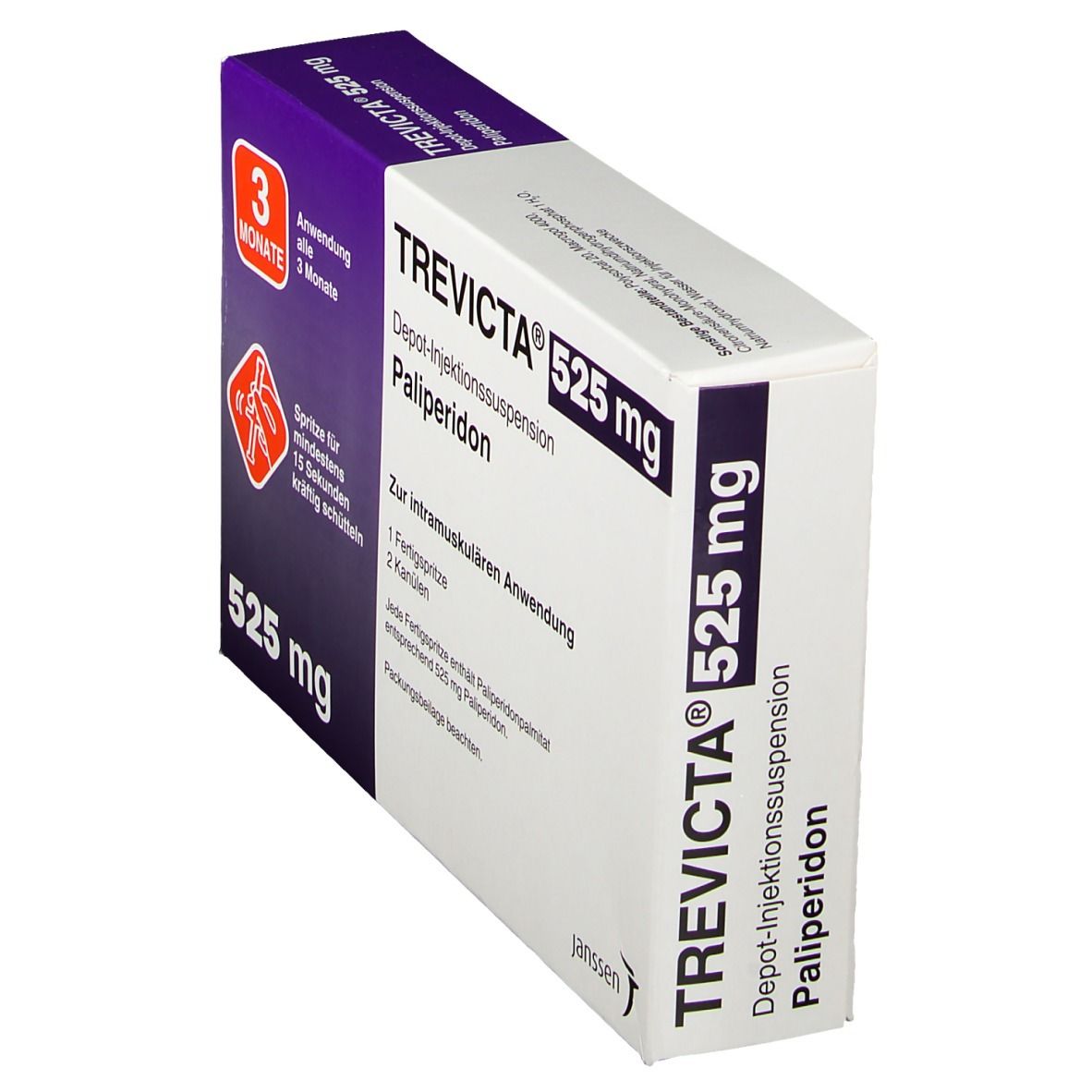 Schräg gestellte Verpackung von Trevicta 525 mg. Aufschrift: Depot-Injektionssuspension Palipderidon. Enthält eine Fertigspritze.