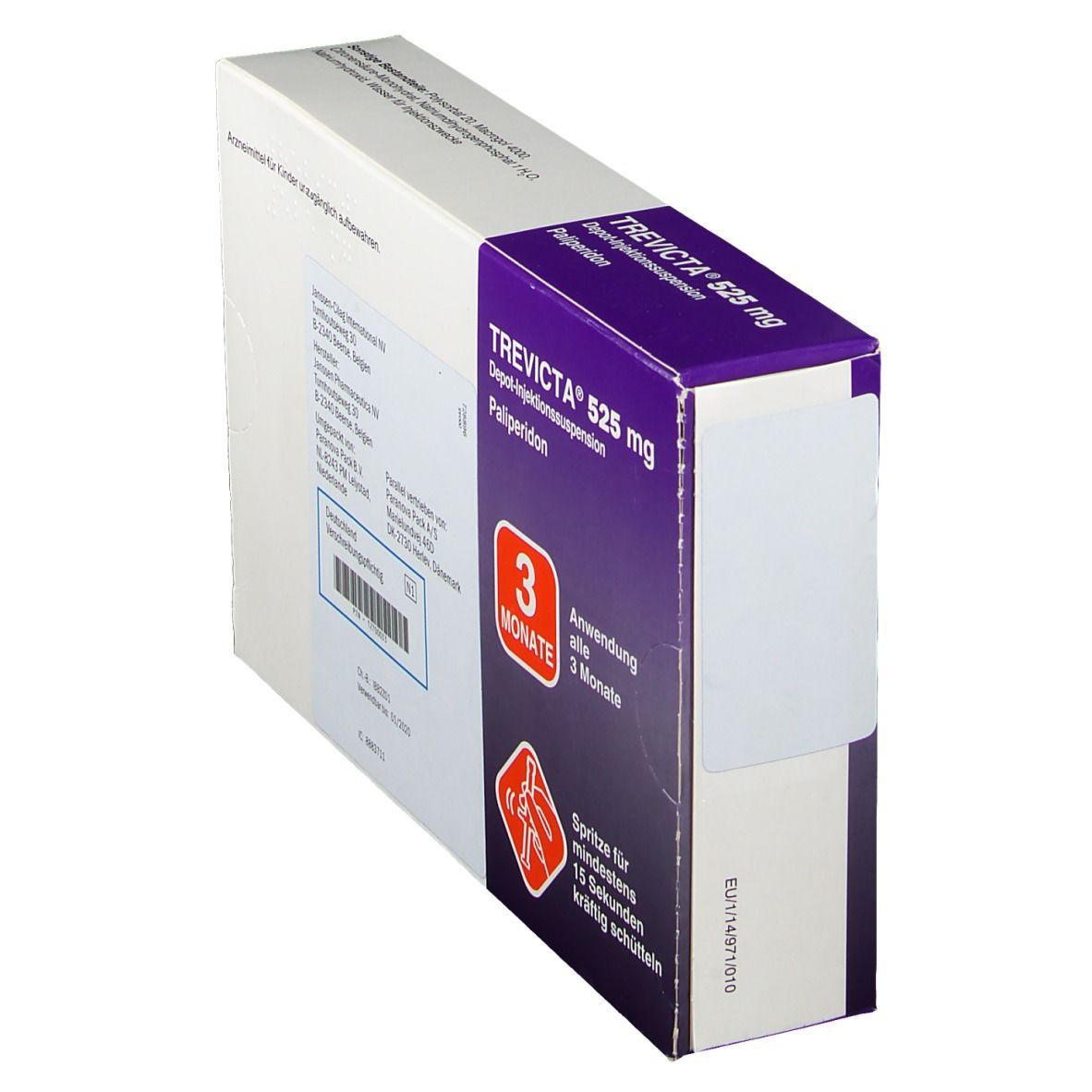Schräg gestellte Verpackung von Trevicta 525 mg. Aufschrift: Depot-Injektionssuspension Palipderidon. Enthält eine Fertigspritze.