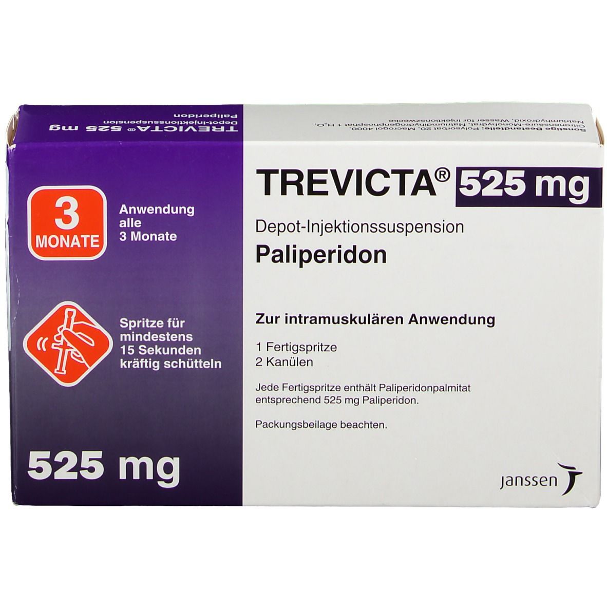 Verpackung von Trevicta 525 mg. Enthält eine Fertigspritze und zwei Kanülen. Aufschrift: Depot-Injektionssuspension Palipderidon.