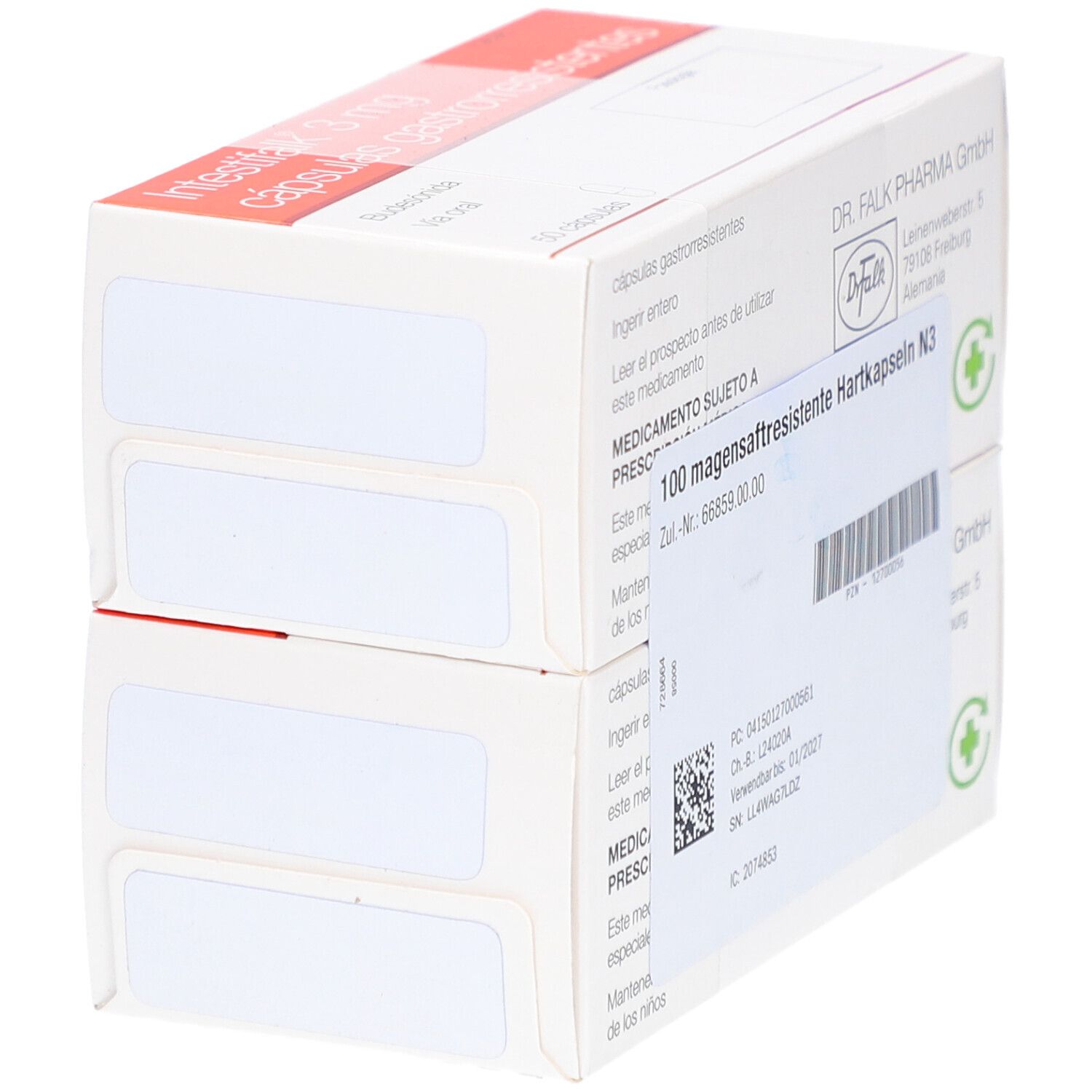 Zwei übereinander liegende Schachteln. Aufdruck: INTESTIFALK 3 mg magensaftresistente Hartkapseln N3. Dr. Falk Pharma GmbH.