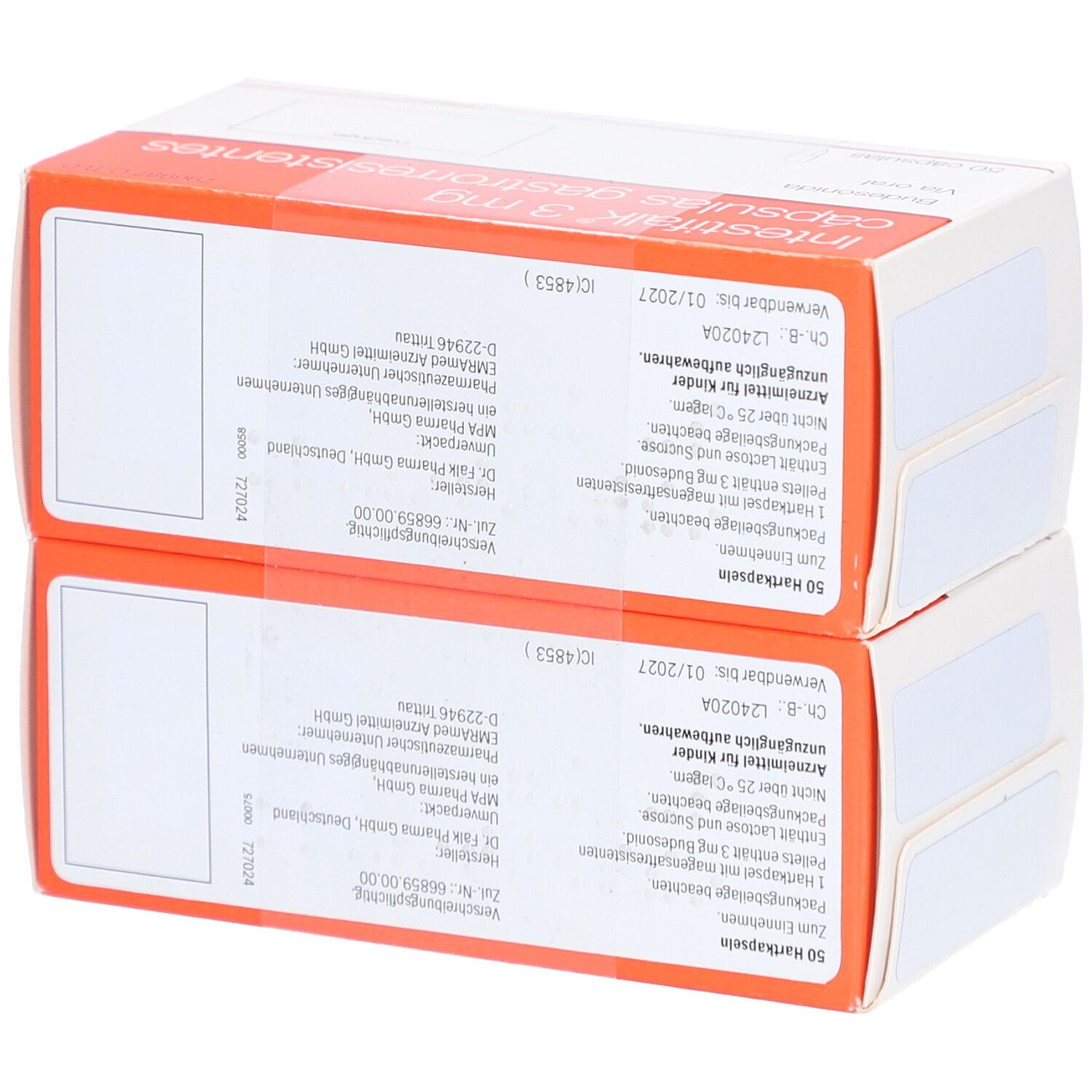 Zwei Schachteln INTESTIFALK 3 mg Hartkapseln. Rückseite mit Inhaltsangaben und Herstellerinformationen. Dr. Falk Pharma GmbH.