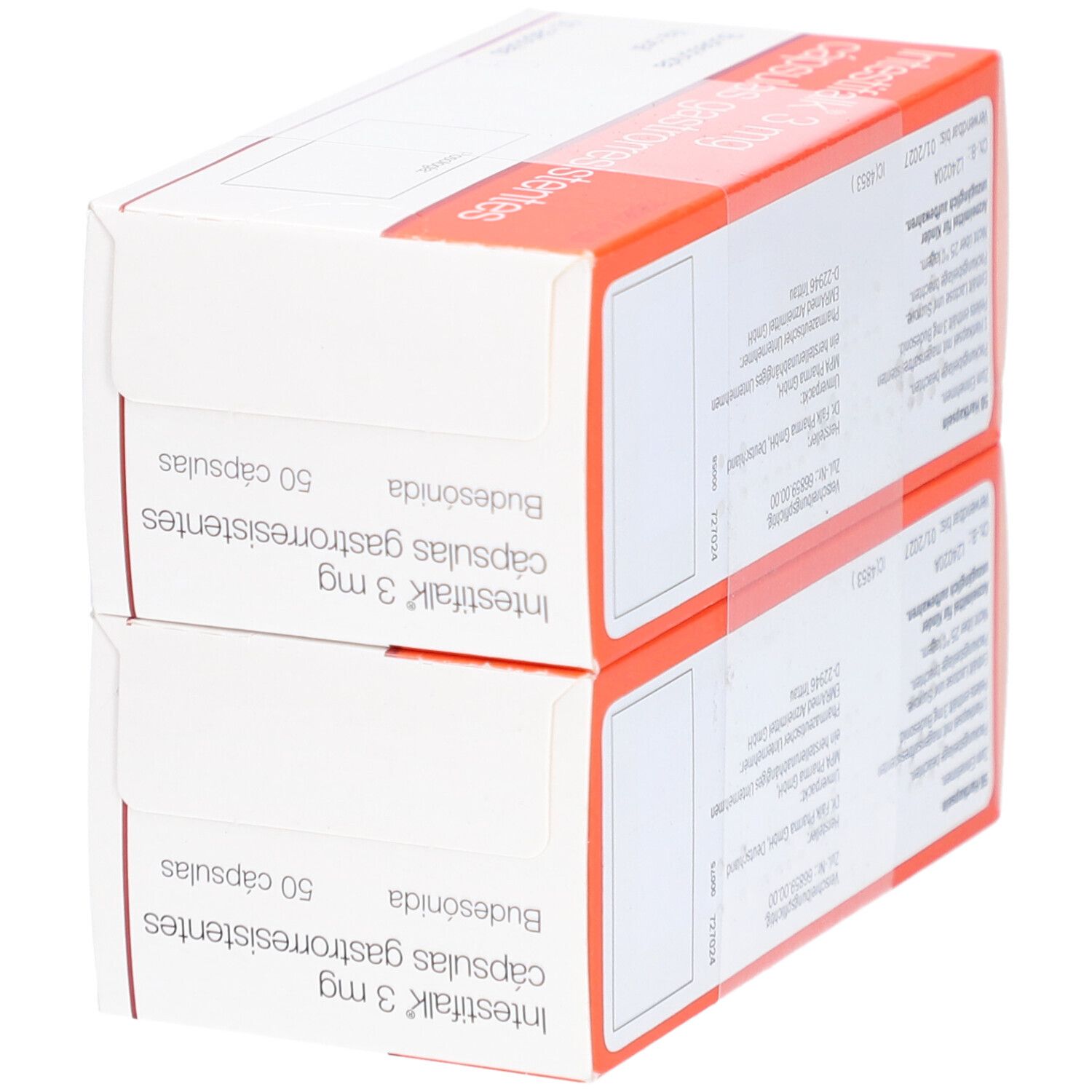 Zwei Schachteln INTESTIFALK 3 mg Hartkapseln. Aufdruck: 50 Kapseln, Budesonida. Dr. Falk Pharma GmbH.