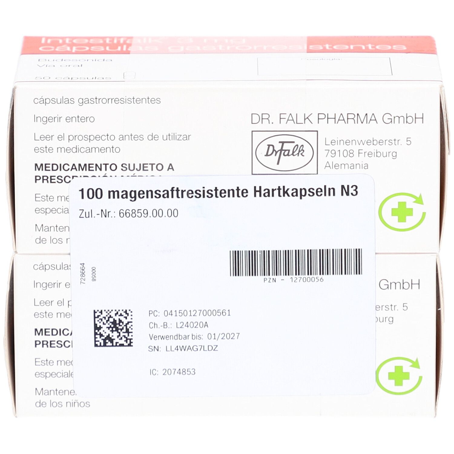 Zwei Schachteln INTESTIFALK 3 mg magensaftresistente Hartkapseln N3. Aufdruck: 100 Hartkapseln, Dr. Falk Pharma GmbH.