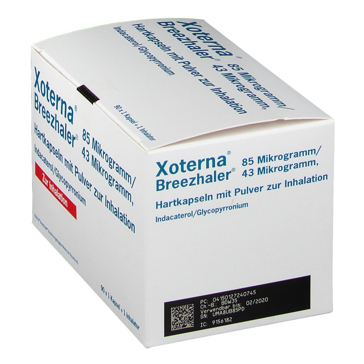 Schachtel Xoterna Breezhaler 85 µg/43 µg. Hartkapseln mit Pulver zur Inhalation. Indacaterol/Glycopyrronium. Weiße Verpackung.