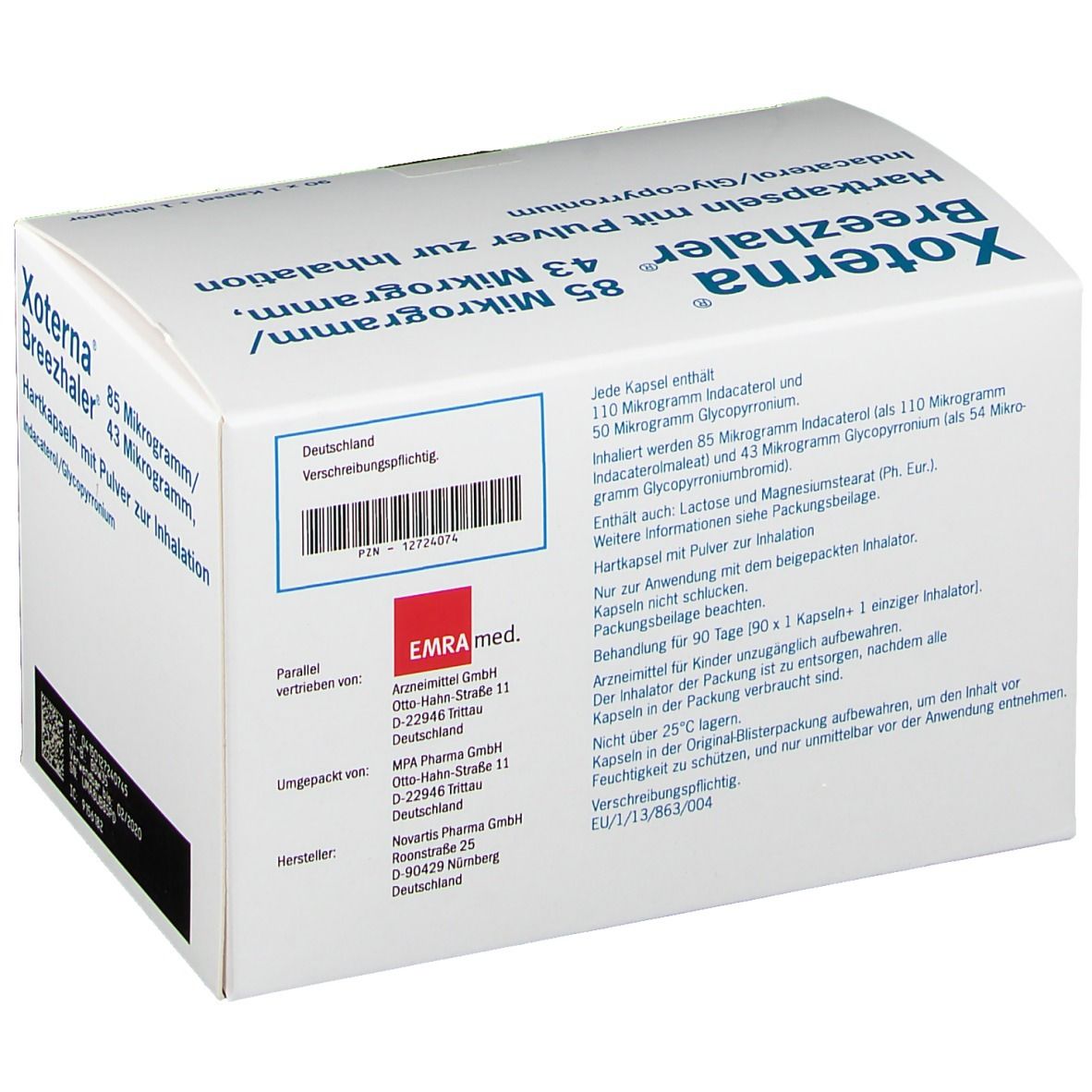 Schachtel Xoterna Breezhaler 85 µg/43 µg. Hartkapseln mit Pulver zur Inhalation. Indacaterol/Glycopyrronium. Weiße Verpackung.