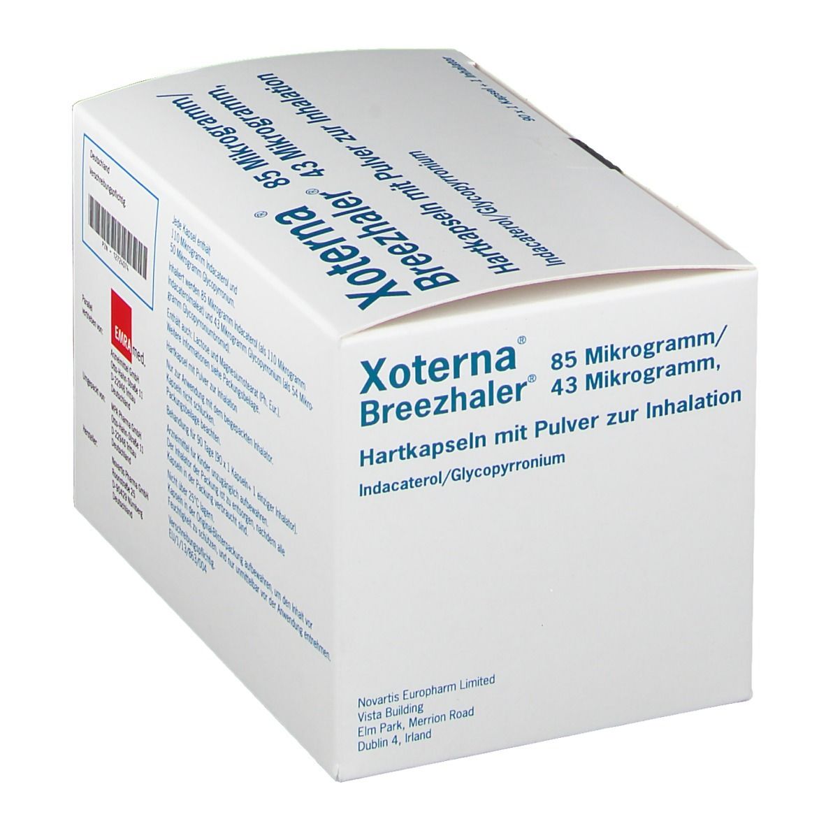Schachtel Xoterna Breezhaler 85 µg/43 µg. Hartkapseln mit Pulver zur Inhalation. Indacaterol/Glycopyrronium. Weiße Verpackung.