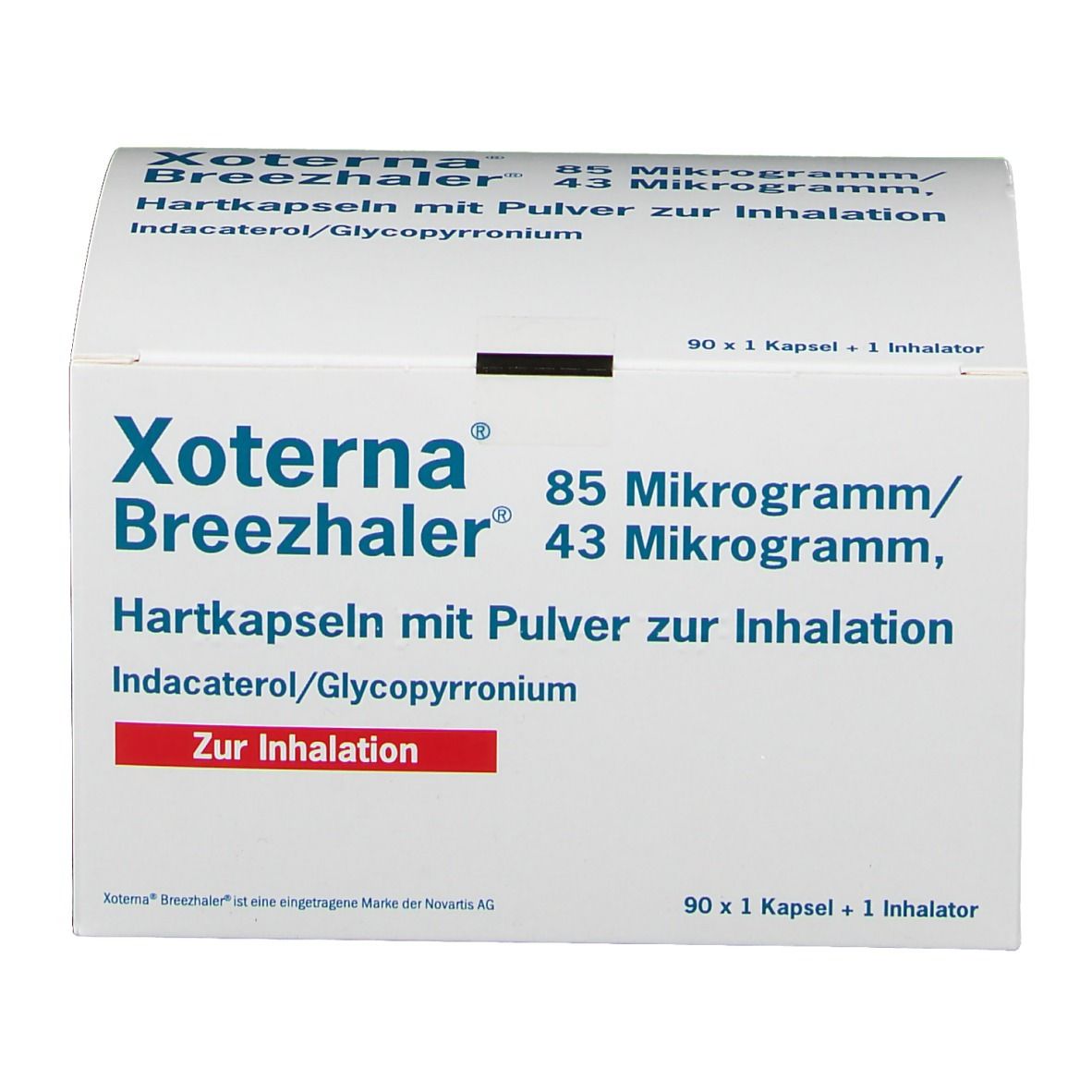 Schachtel Xoterna Breezhaler 85 µg/43 µg. Hartkapseln mit Pulver zur Inhalation. Indacaterol/Glycopyrronium. Weiße Verpackung.