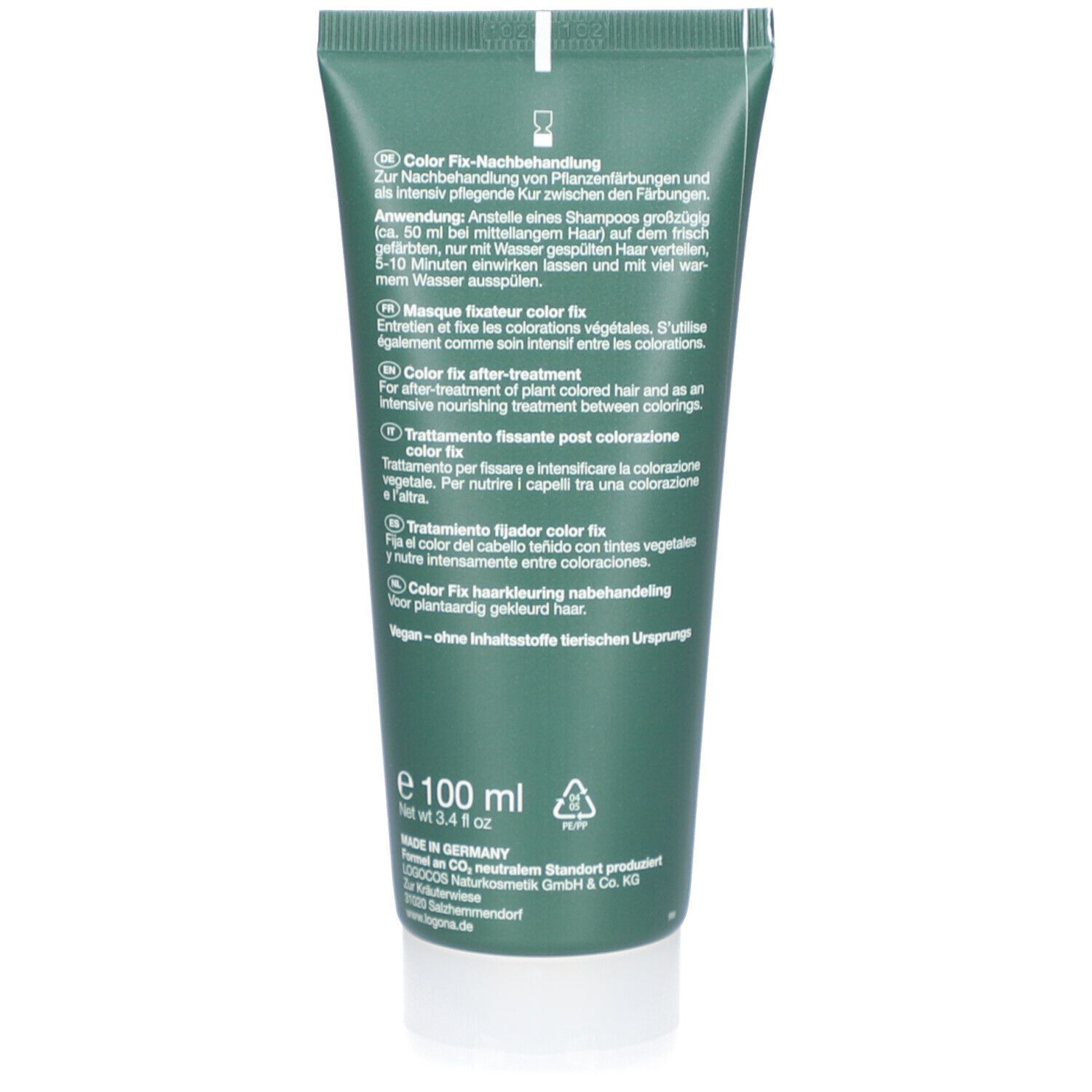 Rückseite der grünen Tube. Text in mehreren Sprachen. Angaben zur Anwendung und Inhaltsstoffe. Vegan-Logo.