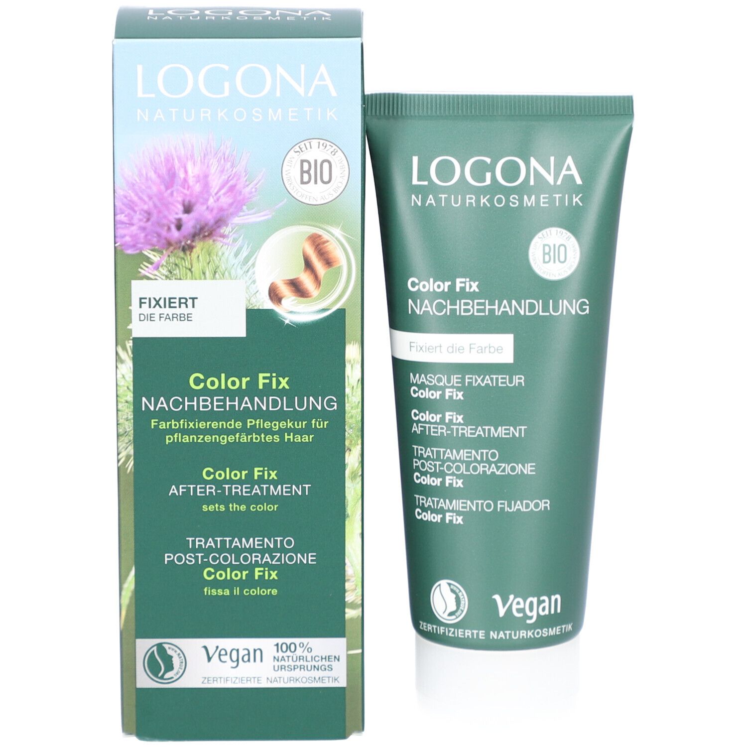 Produktverpackung und Tube. Verpackung: LOGONA, Color Fix Nachbehandlung. Bio-Siegel, Vegan-Logo. Tube: Grün, weißer Verschluss.
