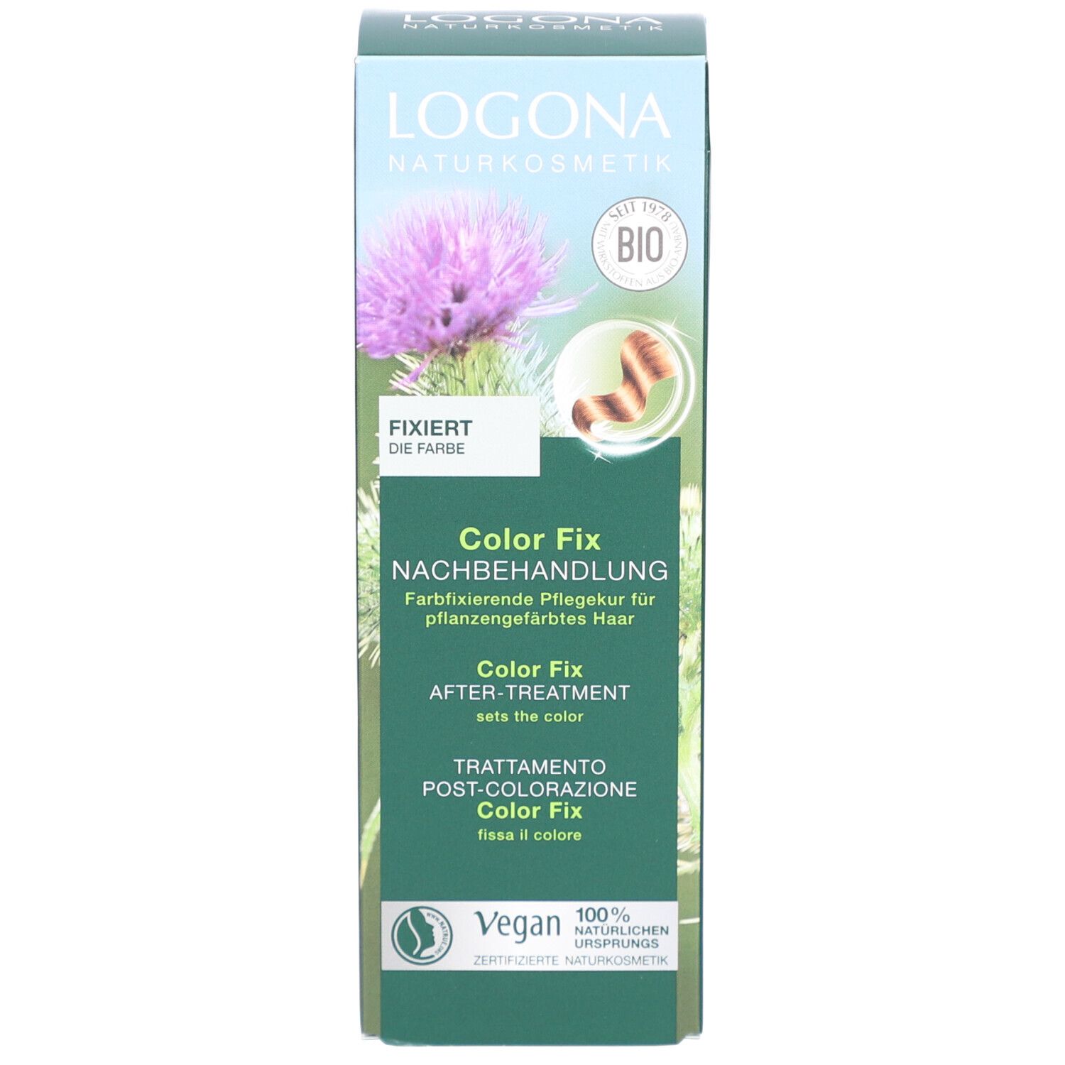 Produktverpackung. Aufschrift: LOGONA, Color Fix Nachbehandlung. Bio-Siegel, Vegan-Logo. Abbildung einer Blume.