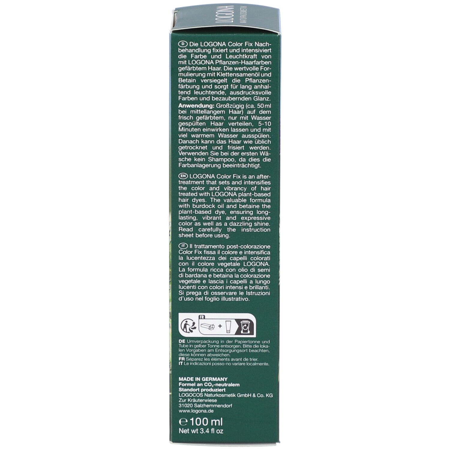 Rückseite der Produktverpackung. Text in mehreren Sprachen. Angaben zur Anwendung und Inhaltsstoffe. Vegan-Logo.