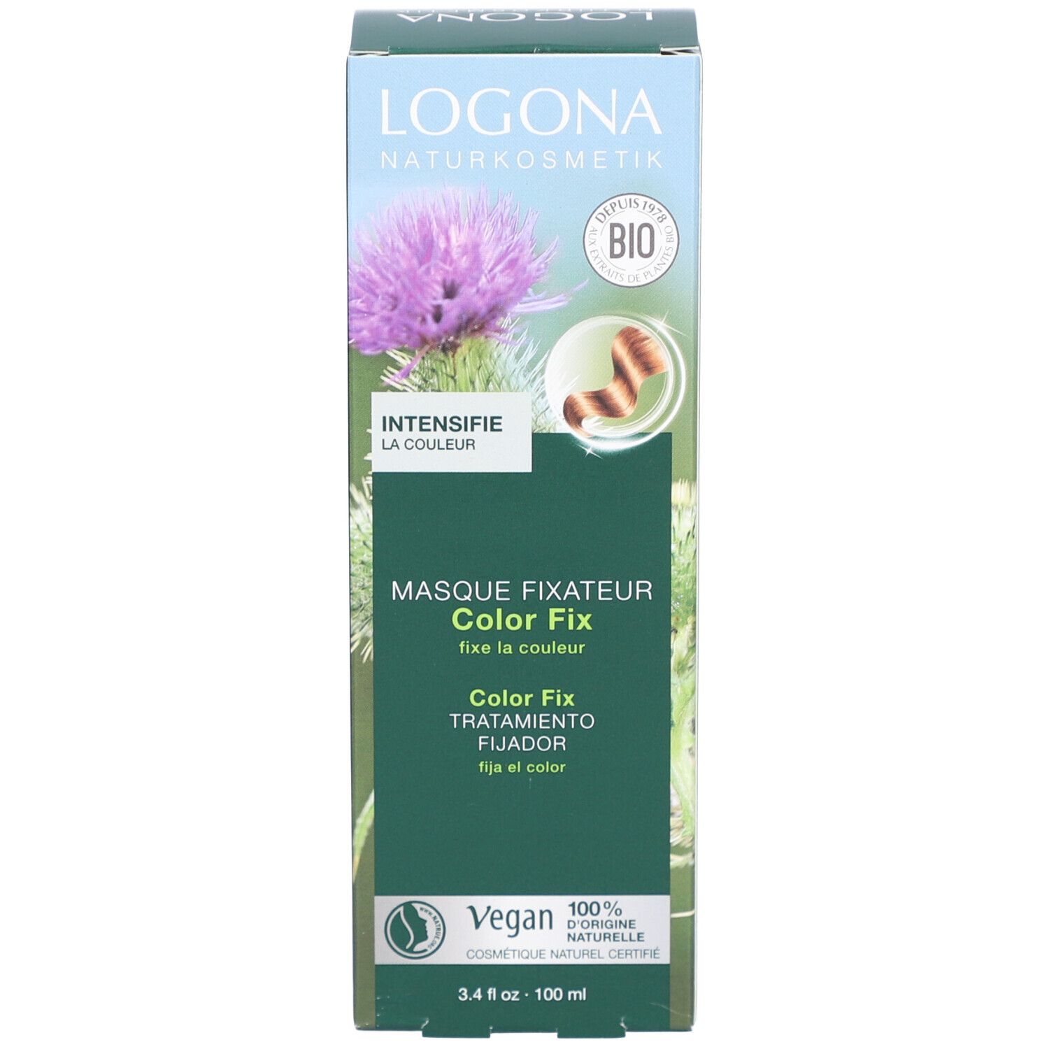Vorderseite der Produktverpackung. Aufschrift: LOGONA, Color Fix Nachbehandlung. Bio-Siegel, Vegan-Logo. Abbildung Blume.