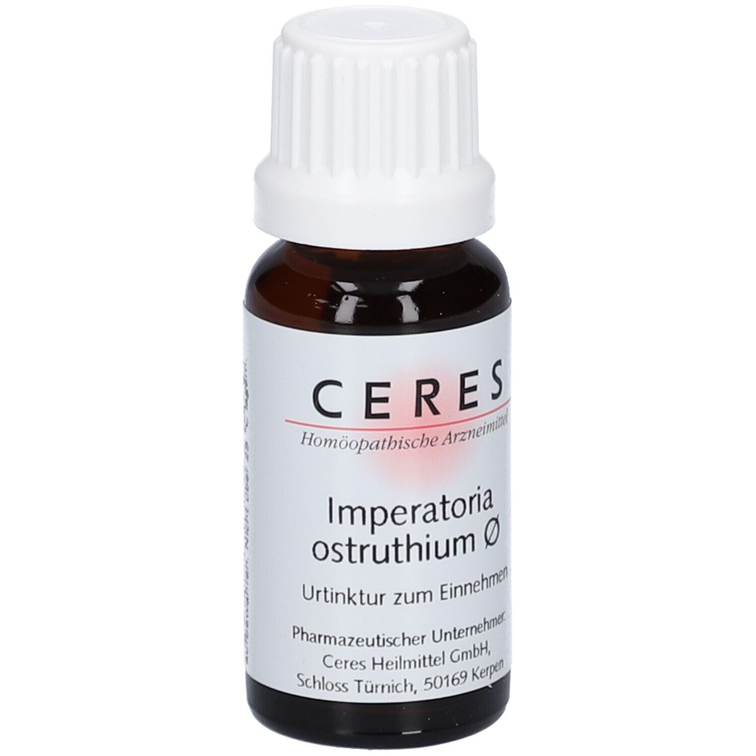 Braune Glasflasche mit weißem Schraubverschluss. Etikett mit CERES-Logo und Produktbezeichnung. Homöopathisches Arzneimittel.