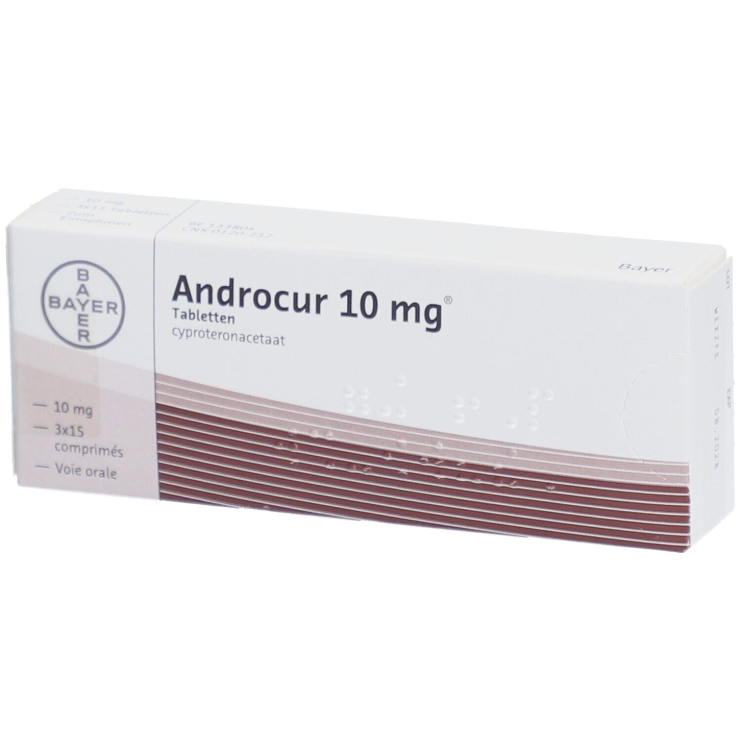 Weiße Schachtel mit Aufschrift Androcur 10 mg. Bayer-Logo. Enthält Tabletten. Braune Streifen.