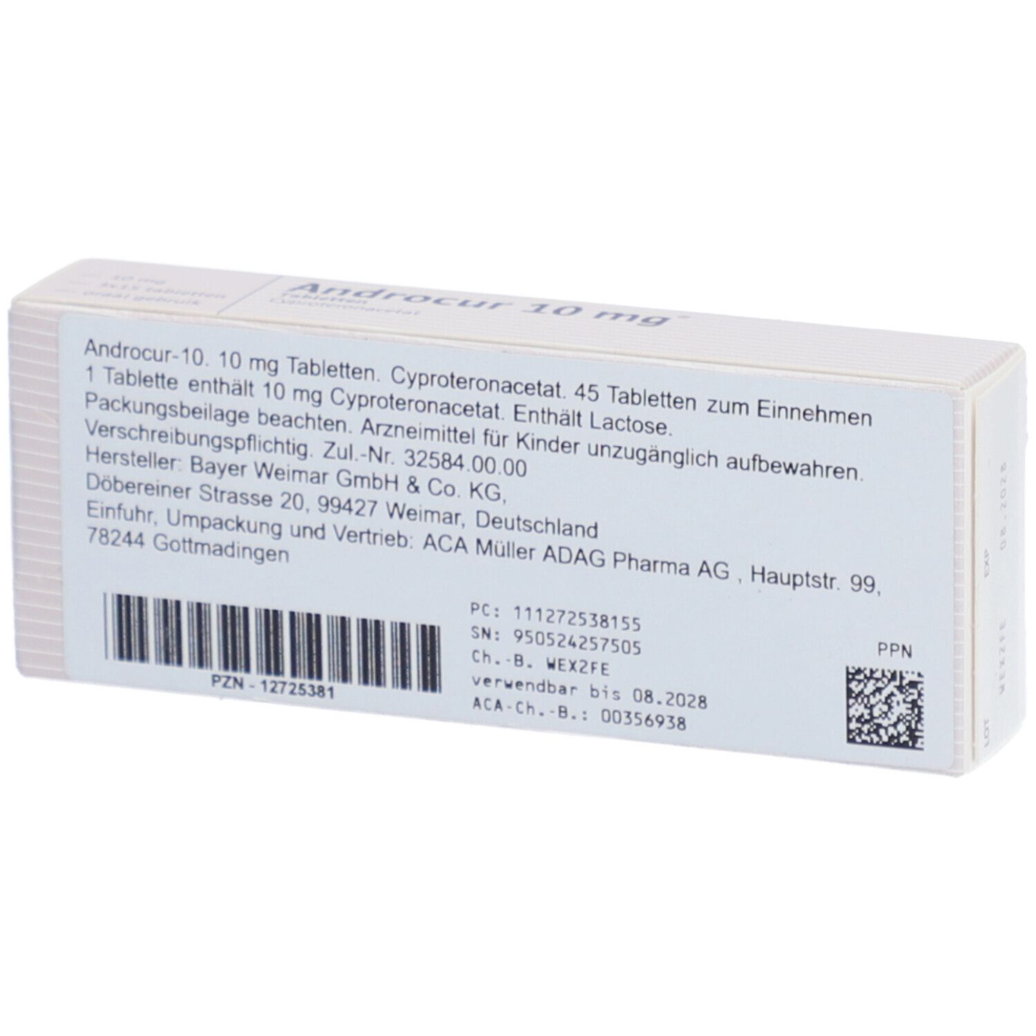 Rückseite der weißen Schachtel mit Text. Androcur 10 mg Tabletten. Hersteller: Bayer Weimar GmbH & Co. KG.
