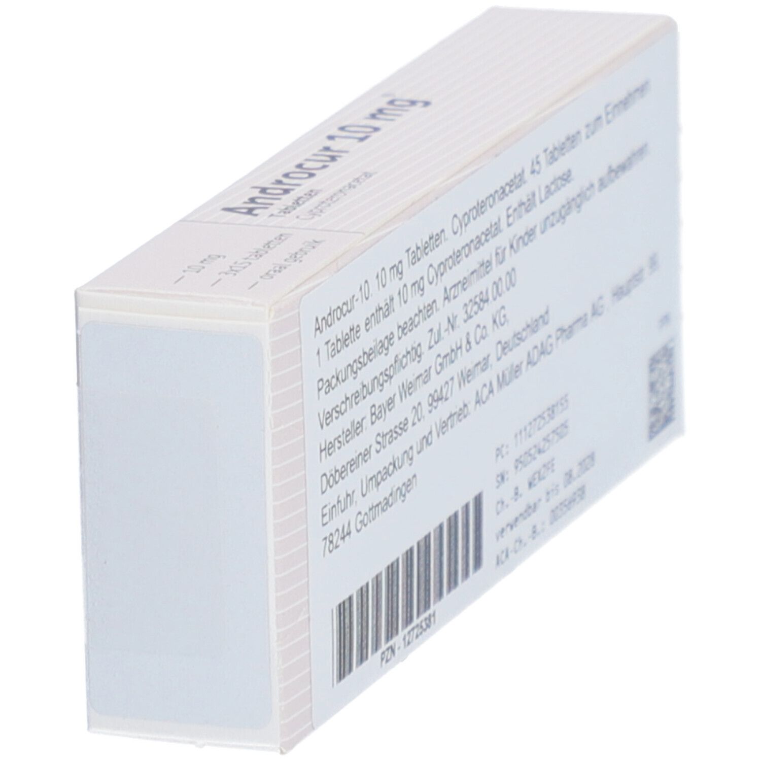 Rückseite der weißen Schachtel mit Text und Barcode. Androcur 10 mg Tabletten.