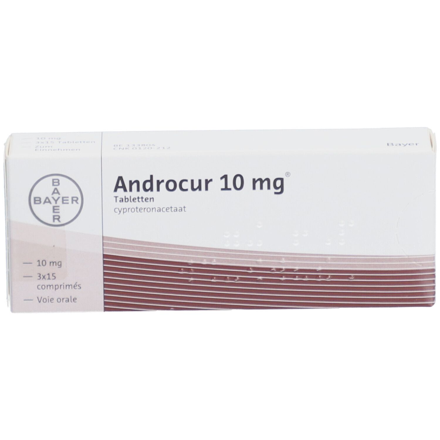 Weiße Schachtel mit Aufschrift Androcur 10 mg. Bayer-Logo. Enthält Tabletten. Braune Streifen.