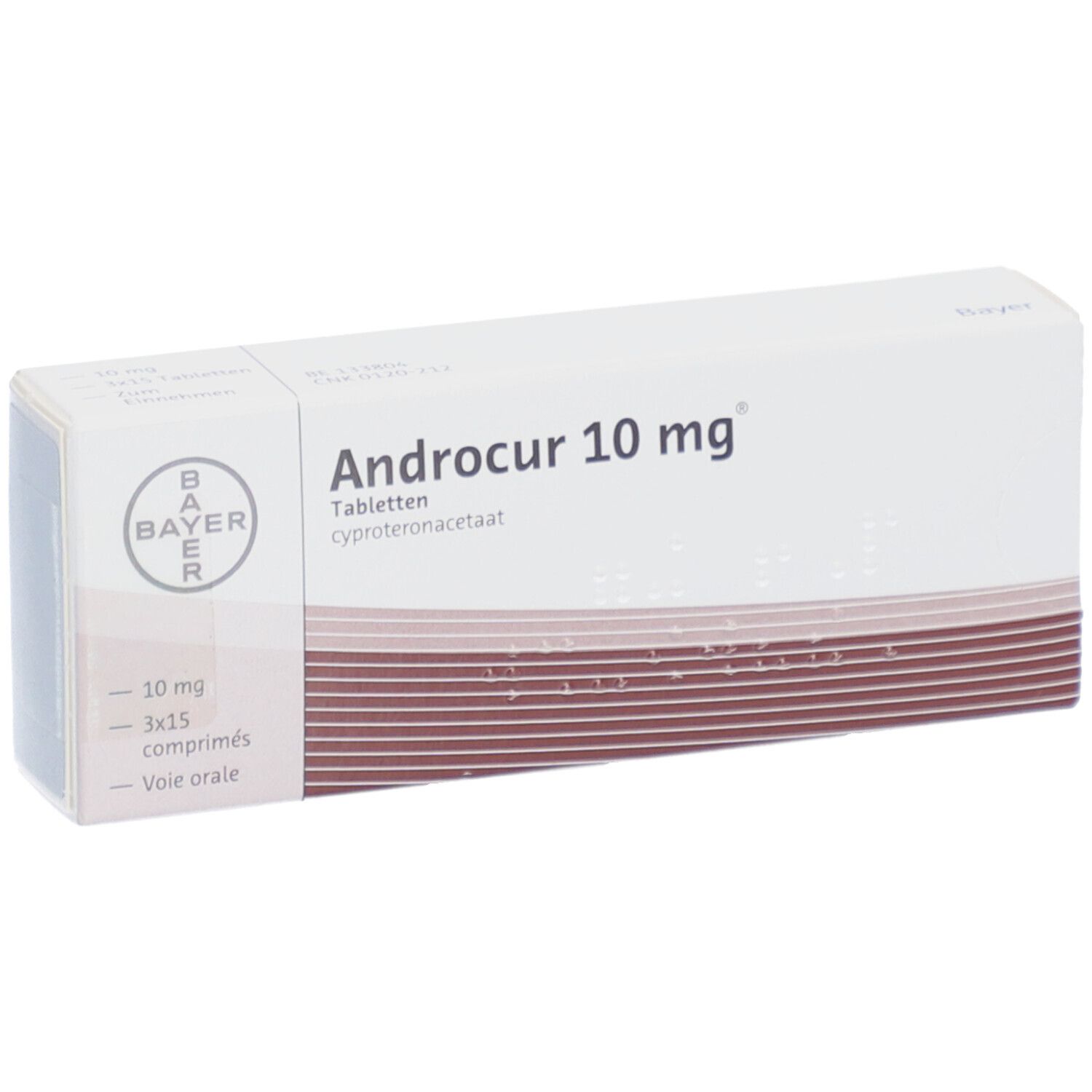 Weiße Schachtel mit Aufschrift Androcur 10 mg. Bayer-Logo. Enthält Tabletten. Braune Streifen.