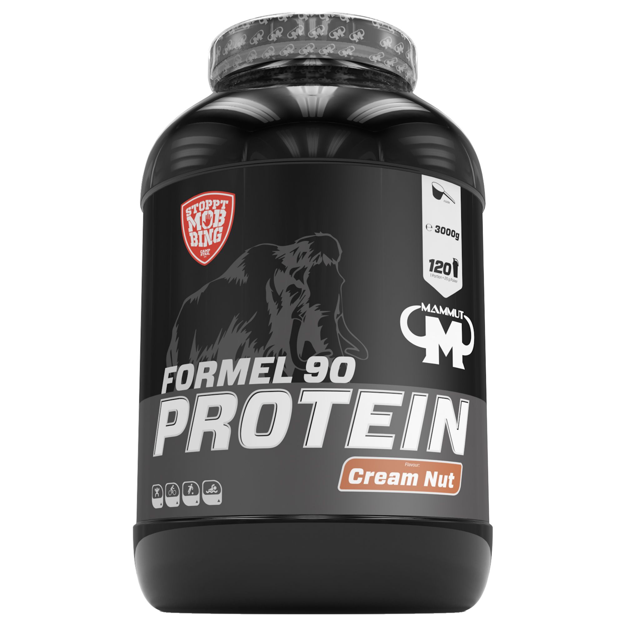 Schwarze Dose mit "FORMEL 90 PROTEIN"-Aufdruck. Logo mit Mammut. "Cream Nut"-Geschmacksangabe. 3000g, 120 Portionen.