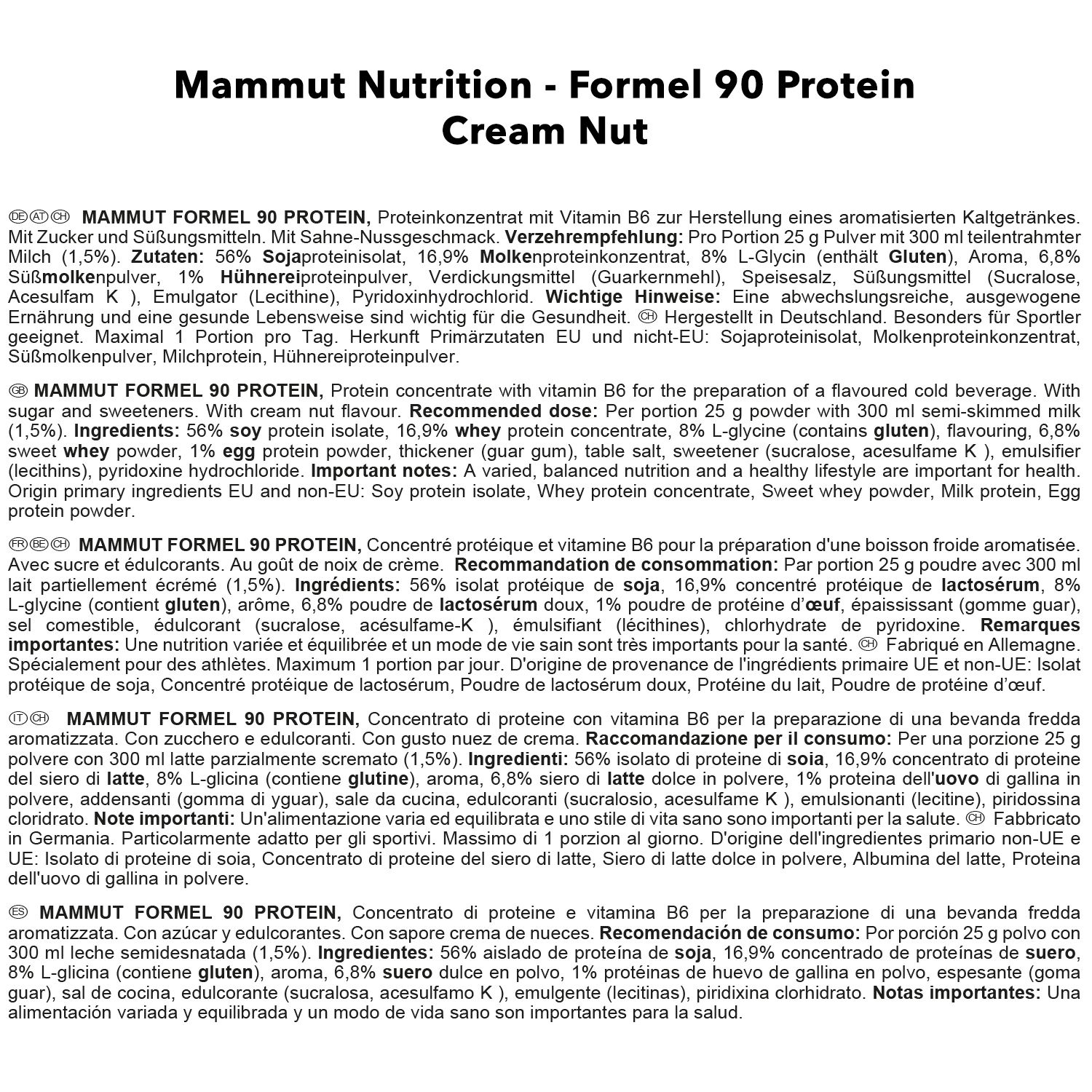 Text mit Informationen zu "Mammut Nutrition - Formel 90 Protein Cream Nut". Enthält Nährwertangaben und Zutaten.