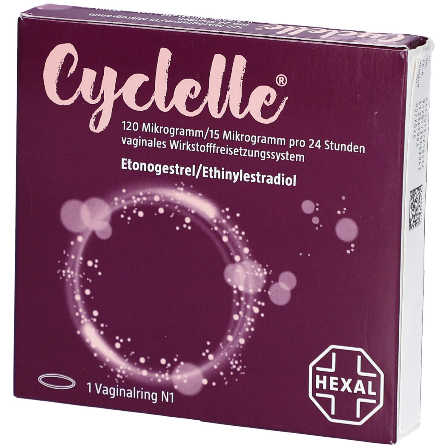Verpackung von Cyclelle®. Lila Schachtel mit Produktnamen und Wirkstoffangaben. Hexal-Logo unten rechts. Ein Vaginalring.