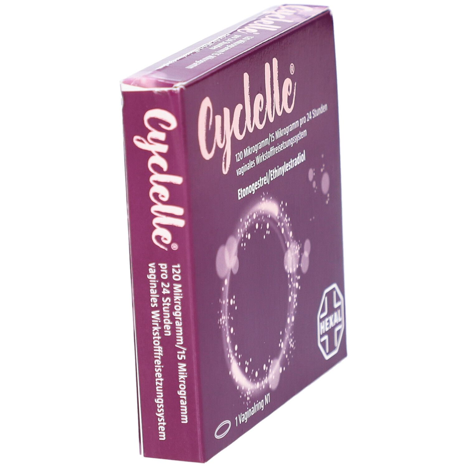 Cyclelle®-Verpackung, schräg. Lila Schachtel mit Produktnamen und Wirkstoffangaben. Hexal-Logo. 1 Vaginalring.