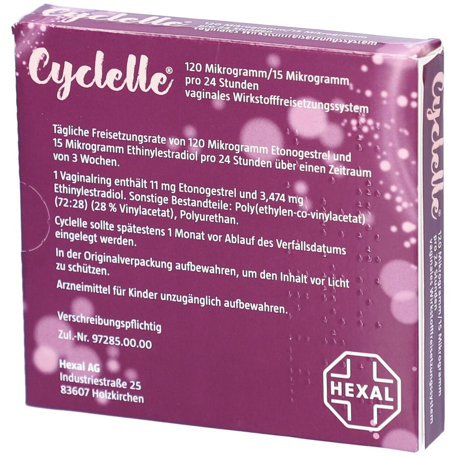 Rückseite der Cyclelle®-Verpackung. Text mit Inhaltsstoffen und Dosierung. Hexal-Logo. Verschreibungspflichtig.