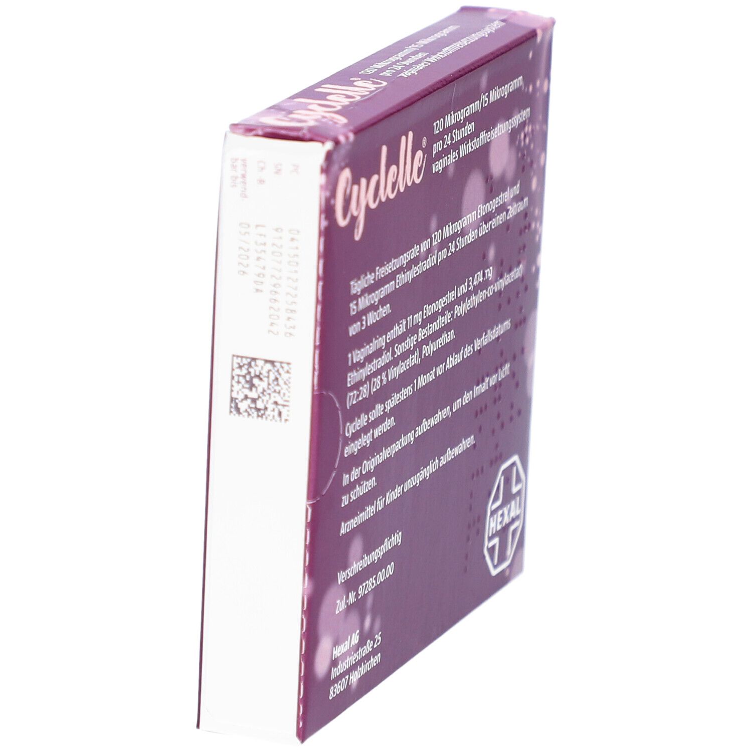 Cyclelle®-Verpackung, schräg. Rückseite mit Text und QR-Code. Hexal-Logo. Chargennummer und Verfallsdatum.