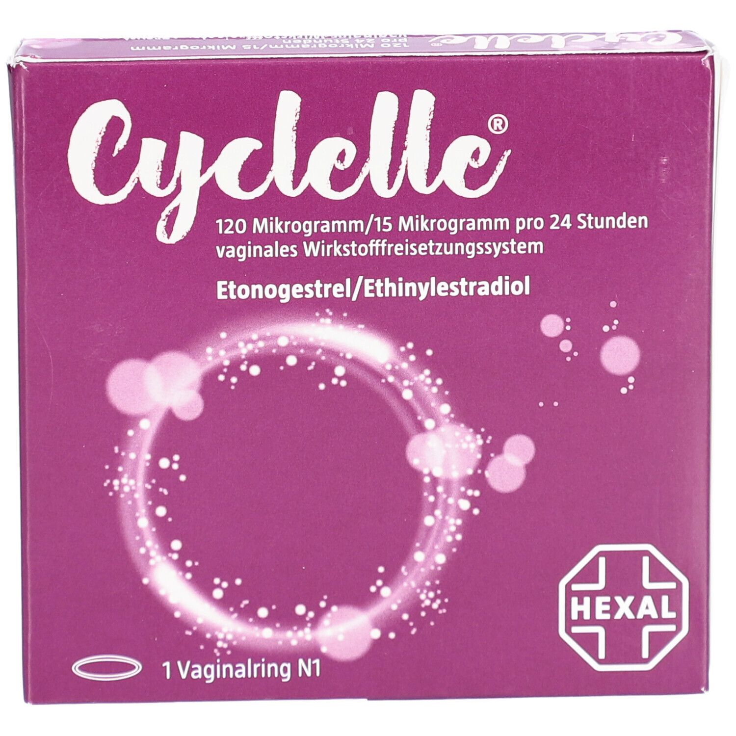 Cyclelle®-Verpackung. Lila Schachtel mit Produktnamen und Wirkstoffangaben. Hexal-Logo. 1 Vaginalring.