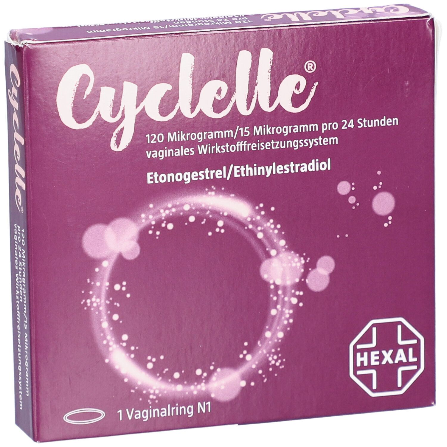 Cyclelle®-Verpackung. Lila Schachtel mit Produktnamen und Wirkstoffangaben. Hexal-Logo. 1 Vaginalring.