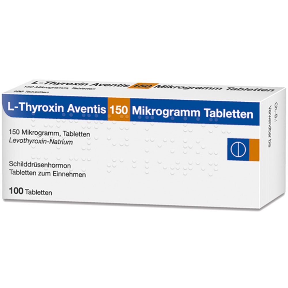 Schachtel L-Thyroxin Aventis 150 Mikrogramm Tabletten. Weiße Schachtel mit blauer und orangefarbener Schrift. 100 Tabletten.