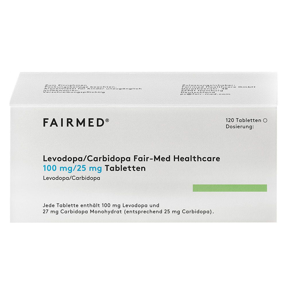 Weiße Tablettenverpackung mit Aufschrift FAIRMED. Produktname: Levodopa/Carbidopa Fair-Med Healthcare 100mg/25mg Tabletten. 120 Tabletten.