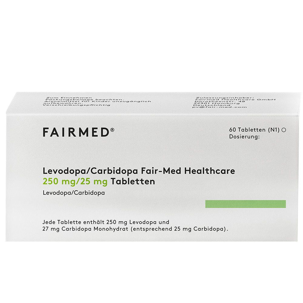Weiße Tablettenpackung mit FAIRMED-Logo und Produktnamen: Levodopa/Carbidopa 250mg/25mg Tabletten. 60 Tabletten.