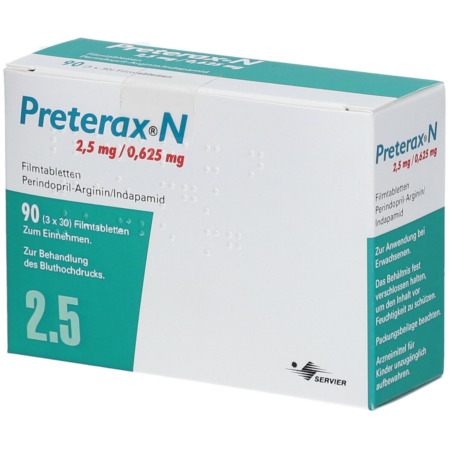 Preterax N 2,5 mg/0,625 mg Packung. Enthält 90 Filmtabletten. Text: Perindopril-Arginin/Indapamid. Zur Behandlung von Bluthochdruck.