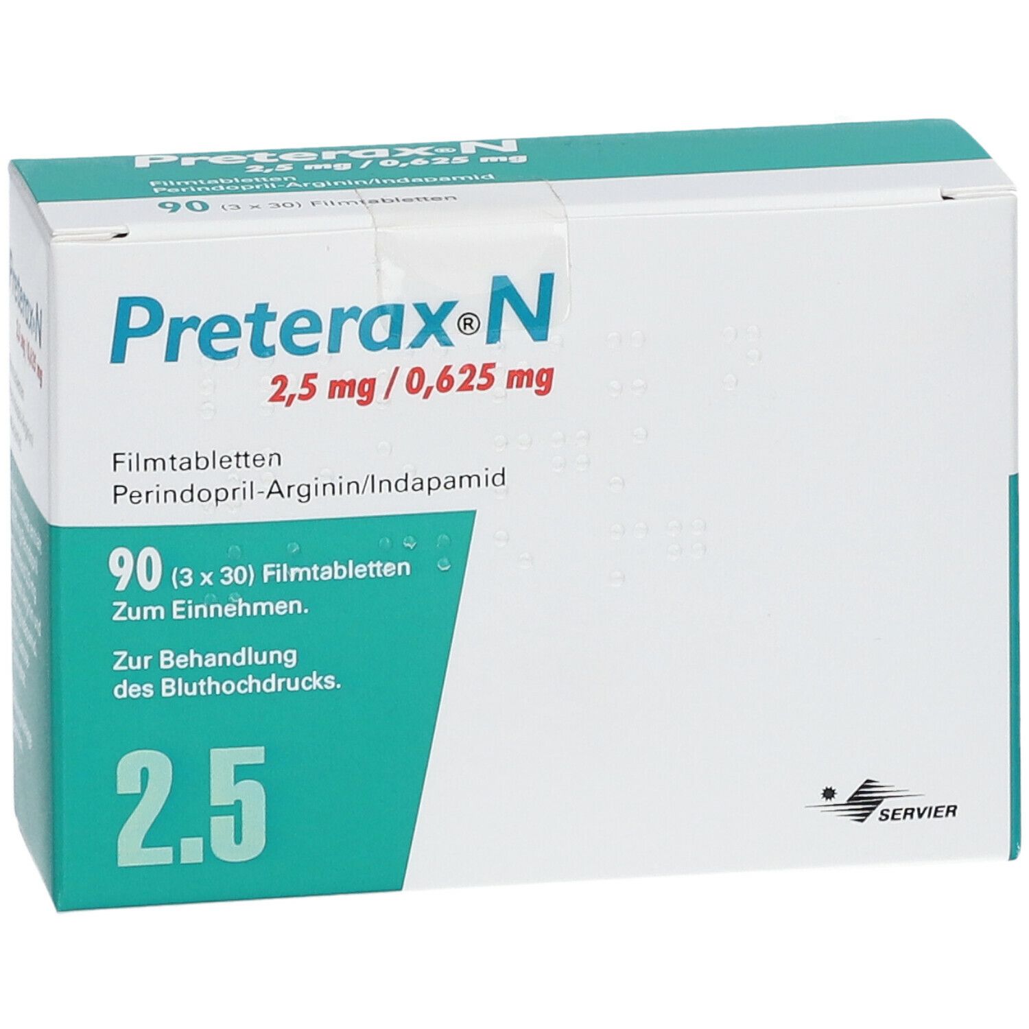Preterax N 2,5 mg/0,625 mg Packung. Enthält 90 Filmtabletten. Text: Perindopril-Arginin/Indapamid. Zur Behandlung von Bluthochdruck.