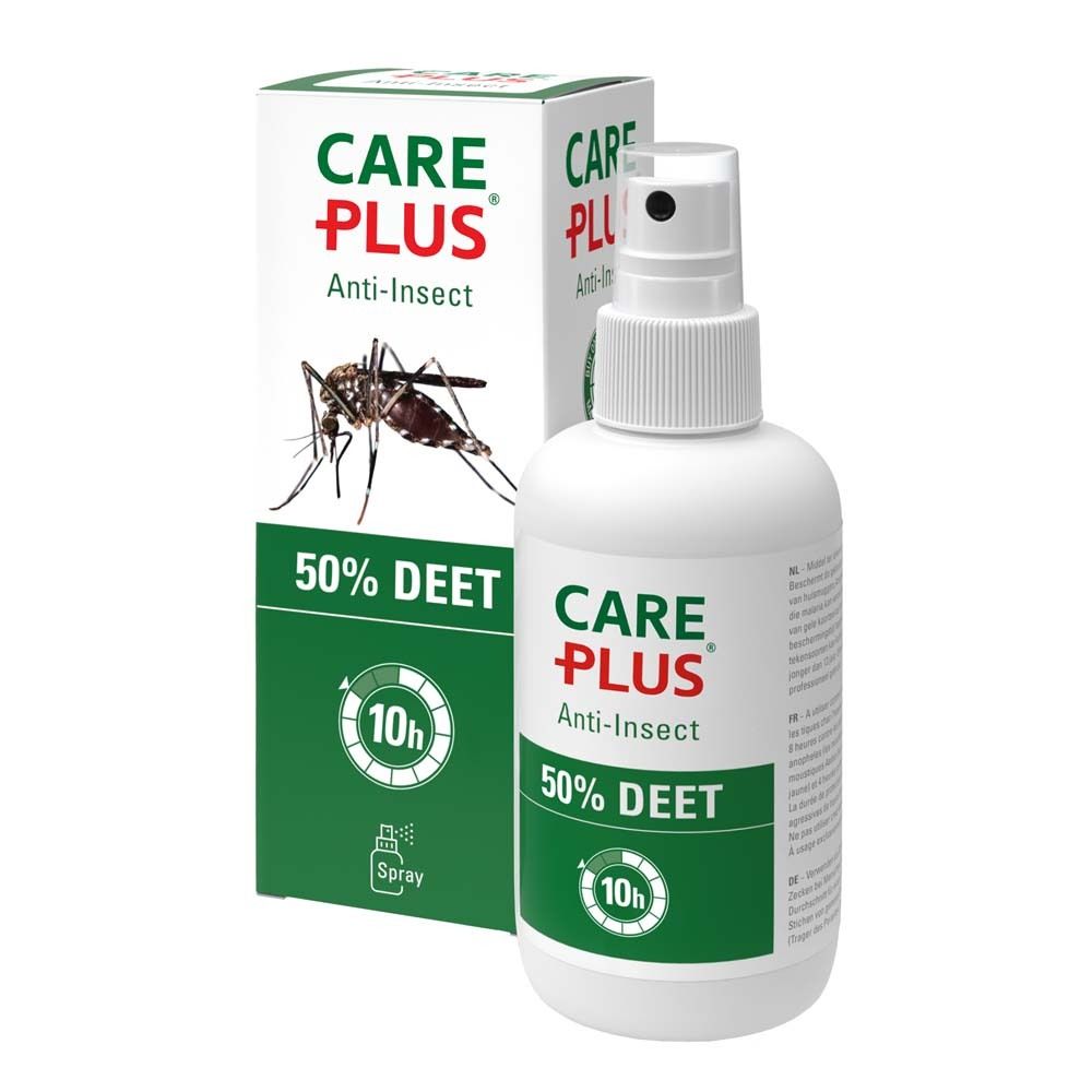 Care Plus Anti-Insekt Spray, 50% DEET. Weiße Flasche und Verpackung. Abbildung einer Mücke.