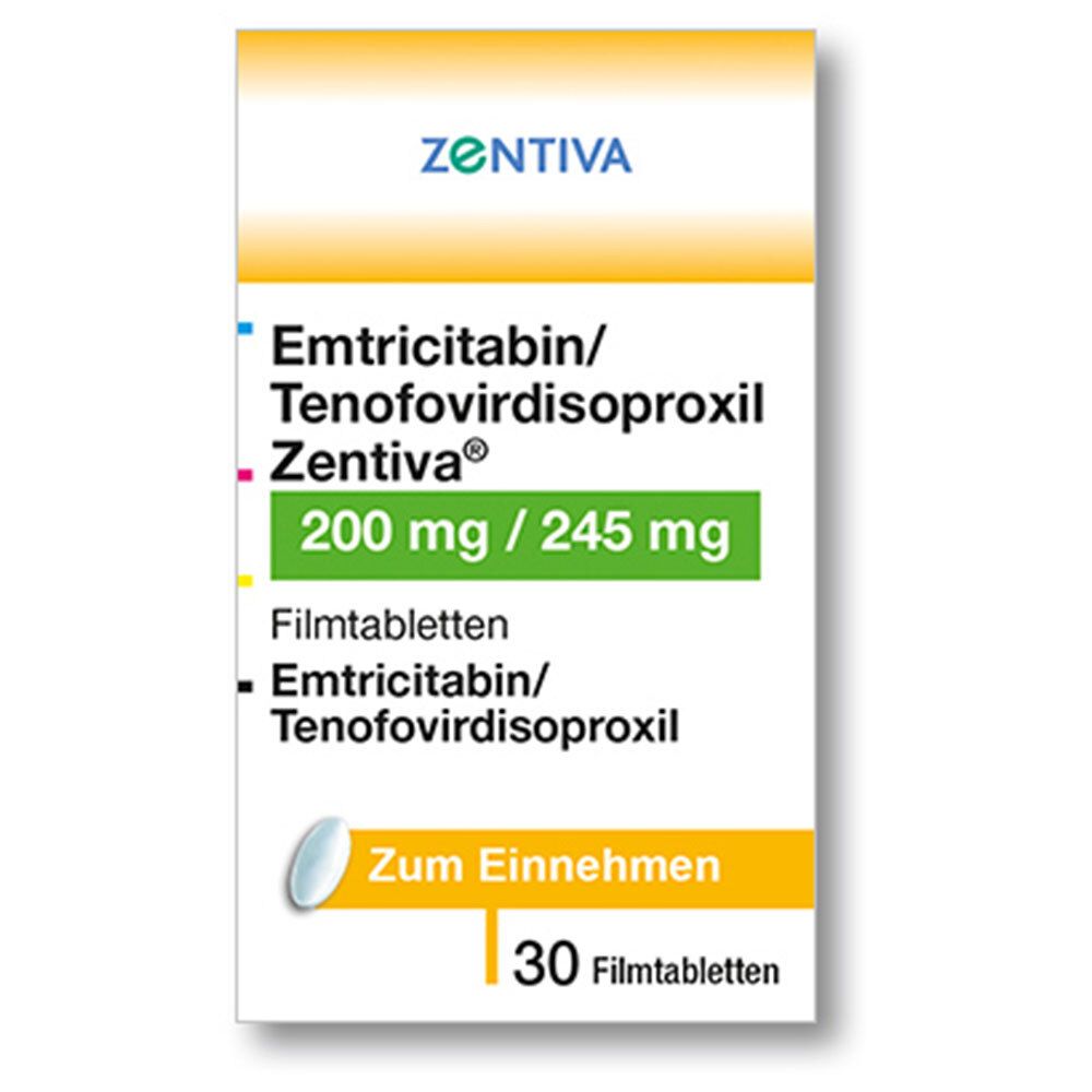Schachtel Emtricitabin/Tenofovirdisoproxil Zentiva®, 200 mg/245 mg Filmtabletten. Aufschrift: Zum Einnehmen, 30 Filmtabletten.