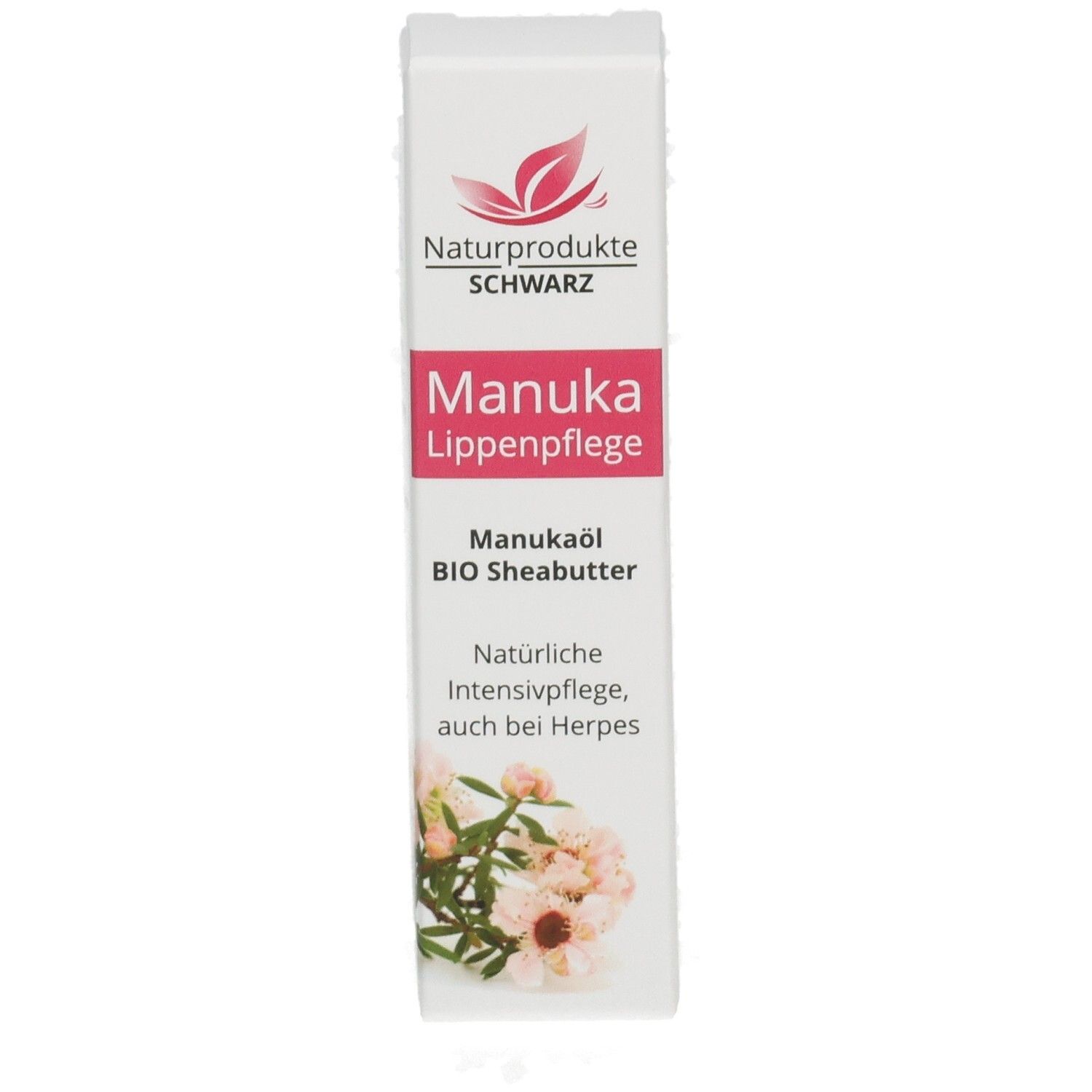 Naturprodukte Schwarz Manuka Lippenpflege mit Manukaöl und Sheabutter.