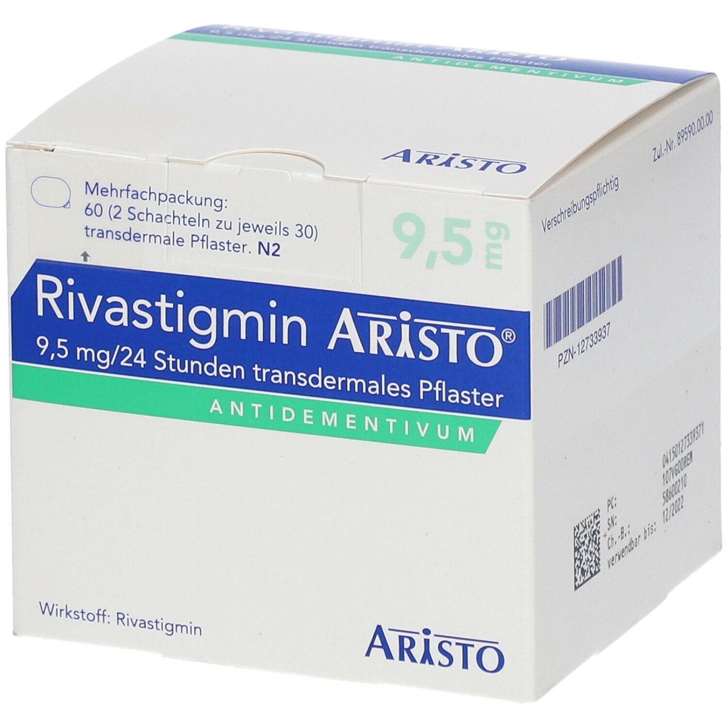 Aristo-Verpackung mit Rivastigmin-Pflastern. Aufschrift: 9,5 mg/24 Stunden, transdermales Pflaster. Mehrfachpackung mit 60 Pflastern.