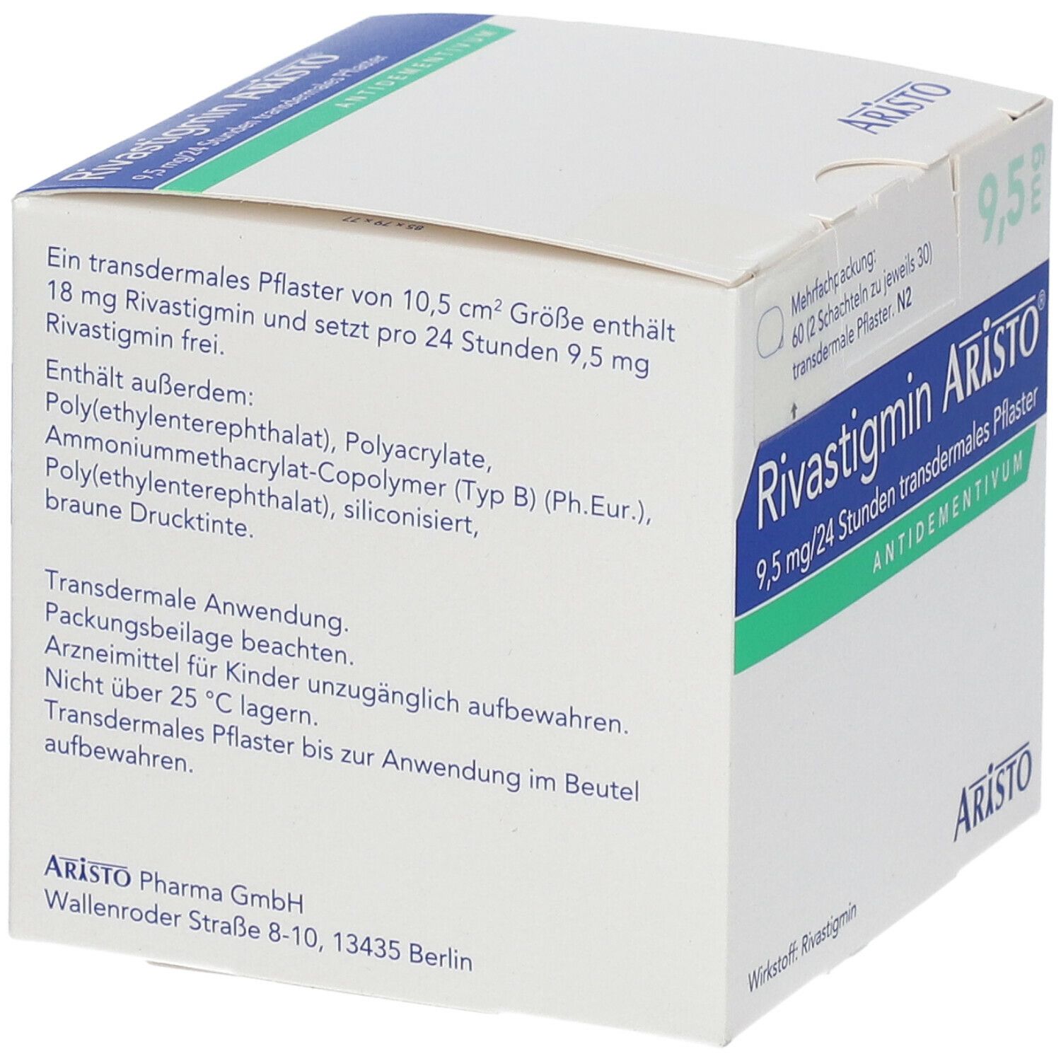Aristo-Verpackung mit Rivastigmin-Pflastern. Aufschrift: 9,5 mg/24 Stunden, transdermales Pflaster. Enthält 60 Pflaster.