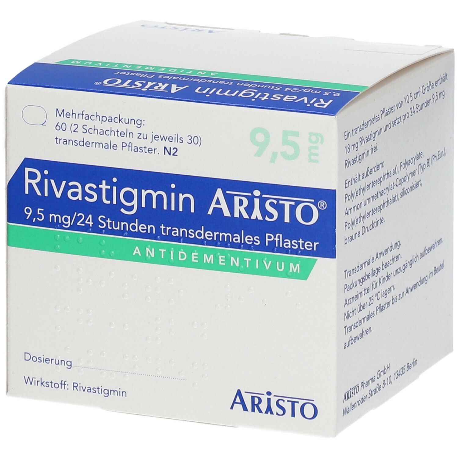 Aristo-Verpackung mit Rivastigmin-Pflastern. Aufschrift: 9,5 mg/24 Stunden, transdermales Pflaster. Mehrfachpackung mit 60 Pflastern.