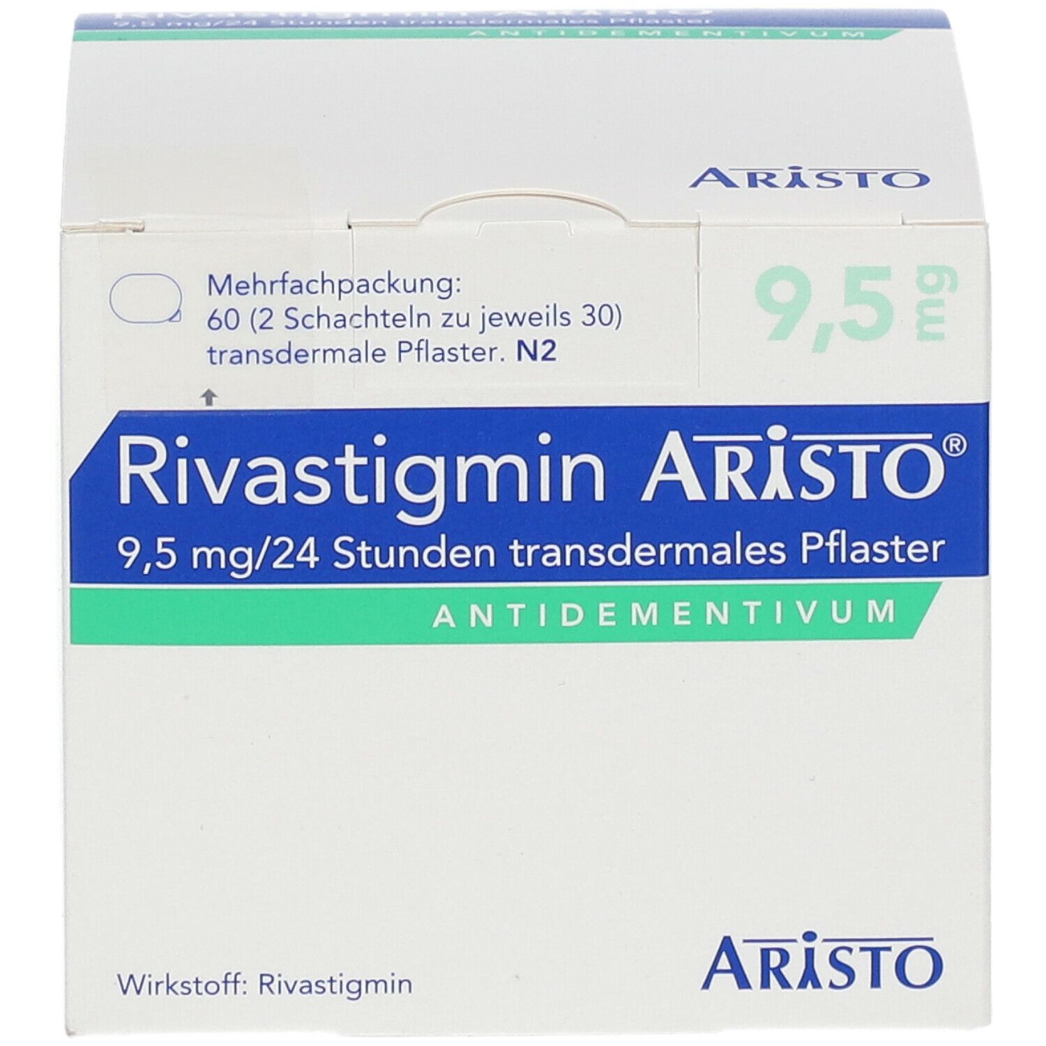 Aristo-Verpackung mit Rivastigmin-Pflastern. Aufschrift: 9,5 mg/24 Stunden, transdermales Pflaster. Mehrfachpackung mit 60 Pflastern.