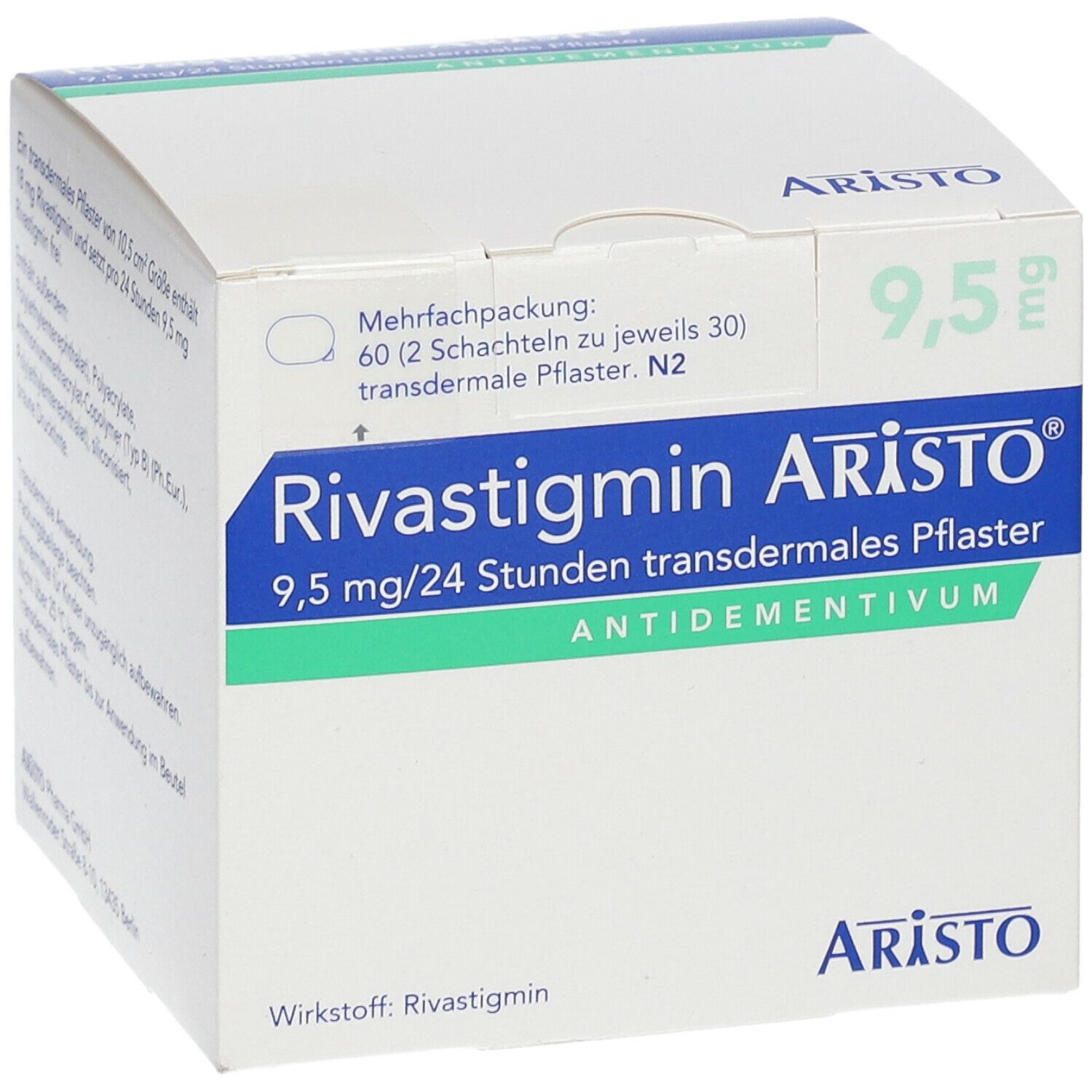 Aristo-Verpackung mit Rivastigmin-Pflastern. Aufschrift: 9,5 mg/24 Stunden, transdermales Pflaster. Mehrfachpackung mit 60 Pflastern.